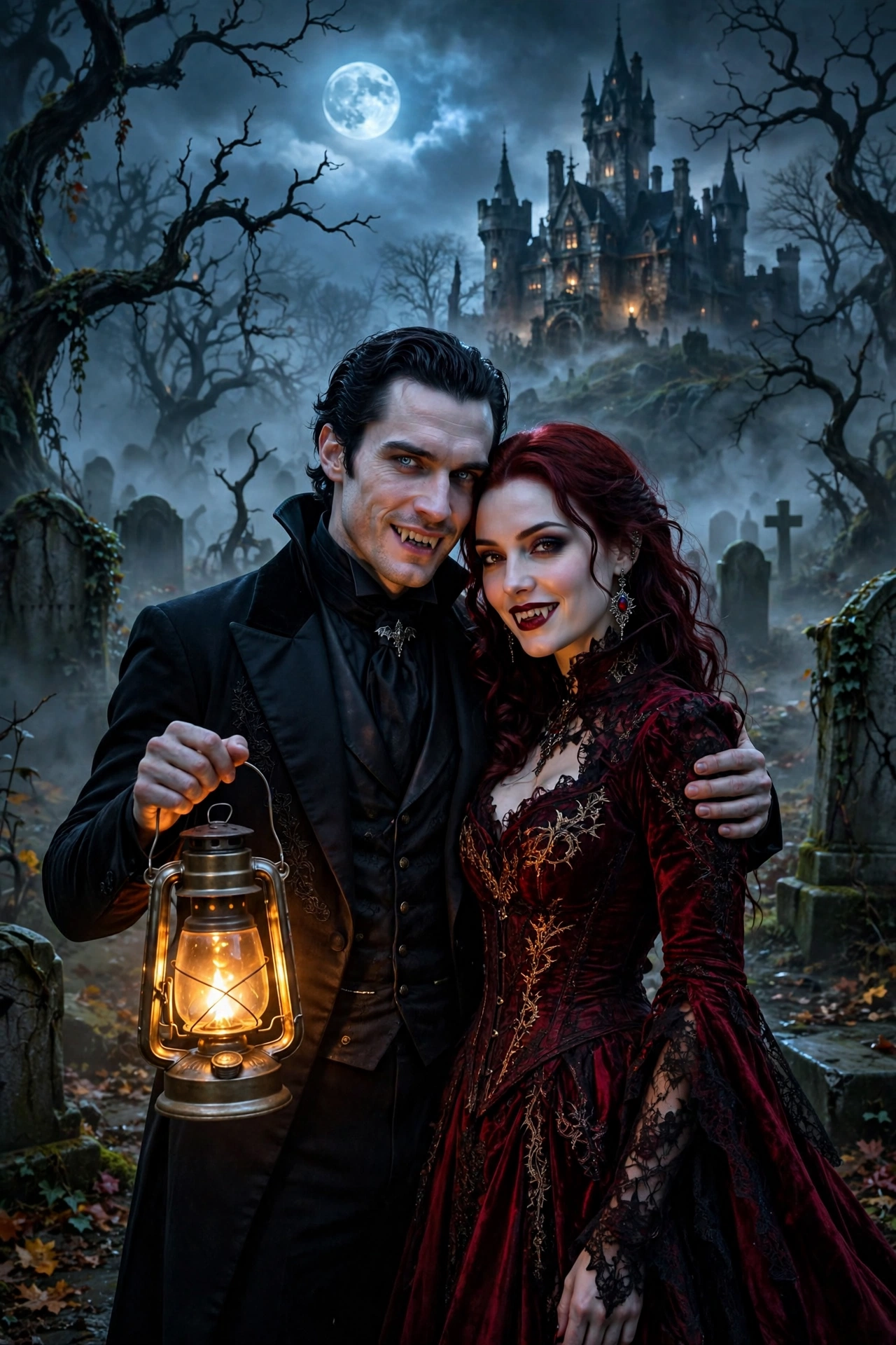 Create an ultra-realistic cinematic Halloween couple photograph. Two people dressed as a vampire couple — the man in a black tailcoat with a high coll