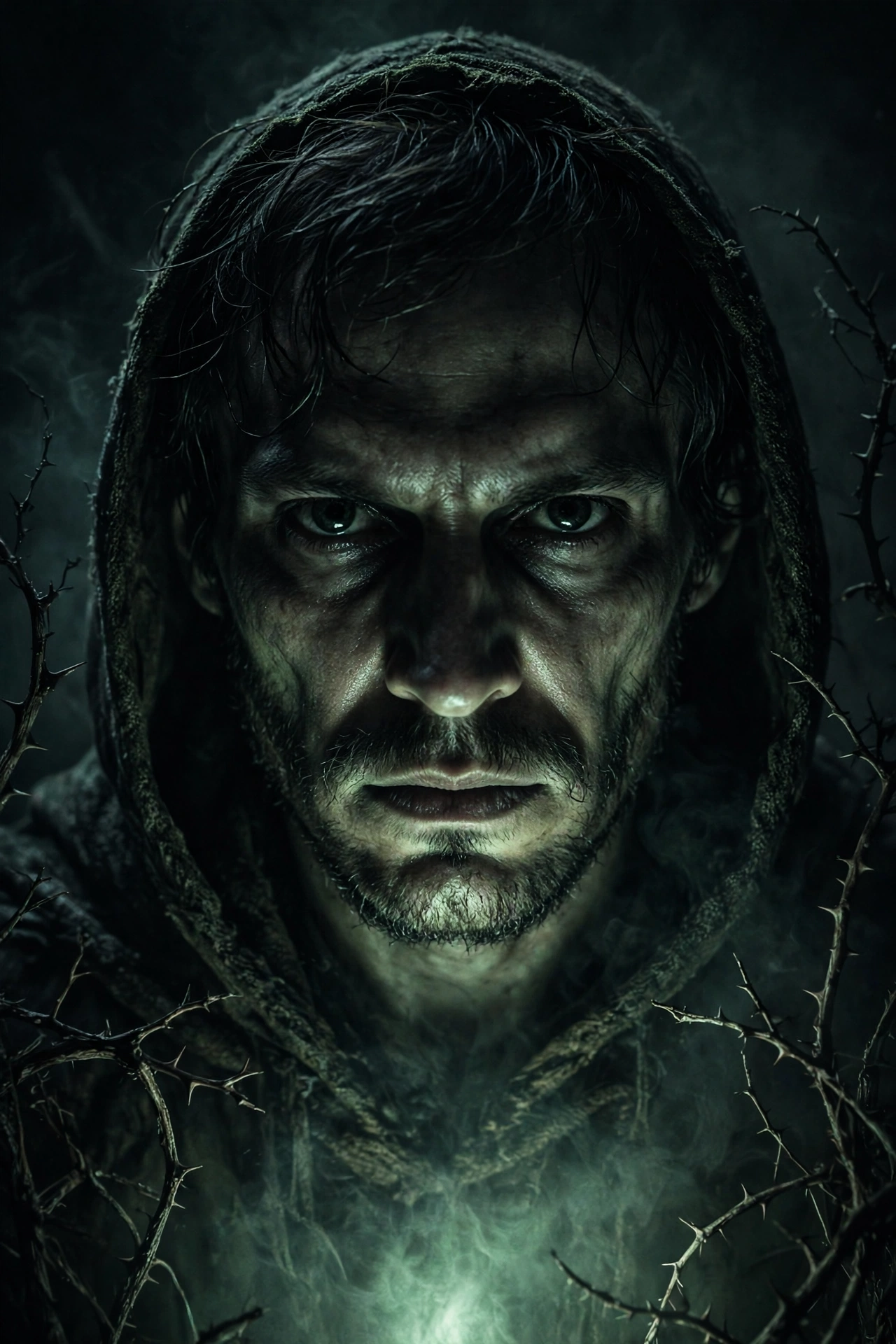 Create an ultra-realistic spooky atmospheric portrait. Subject: a person emerging from darkness, half their face illuminated by an eerie greenish ligh