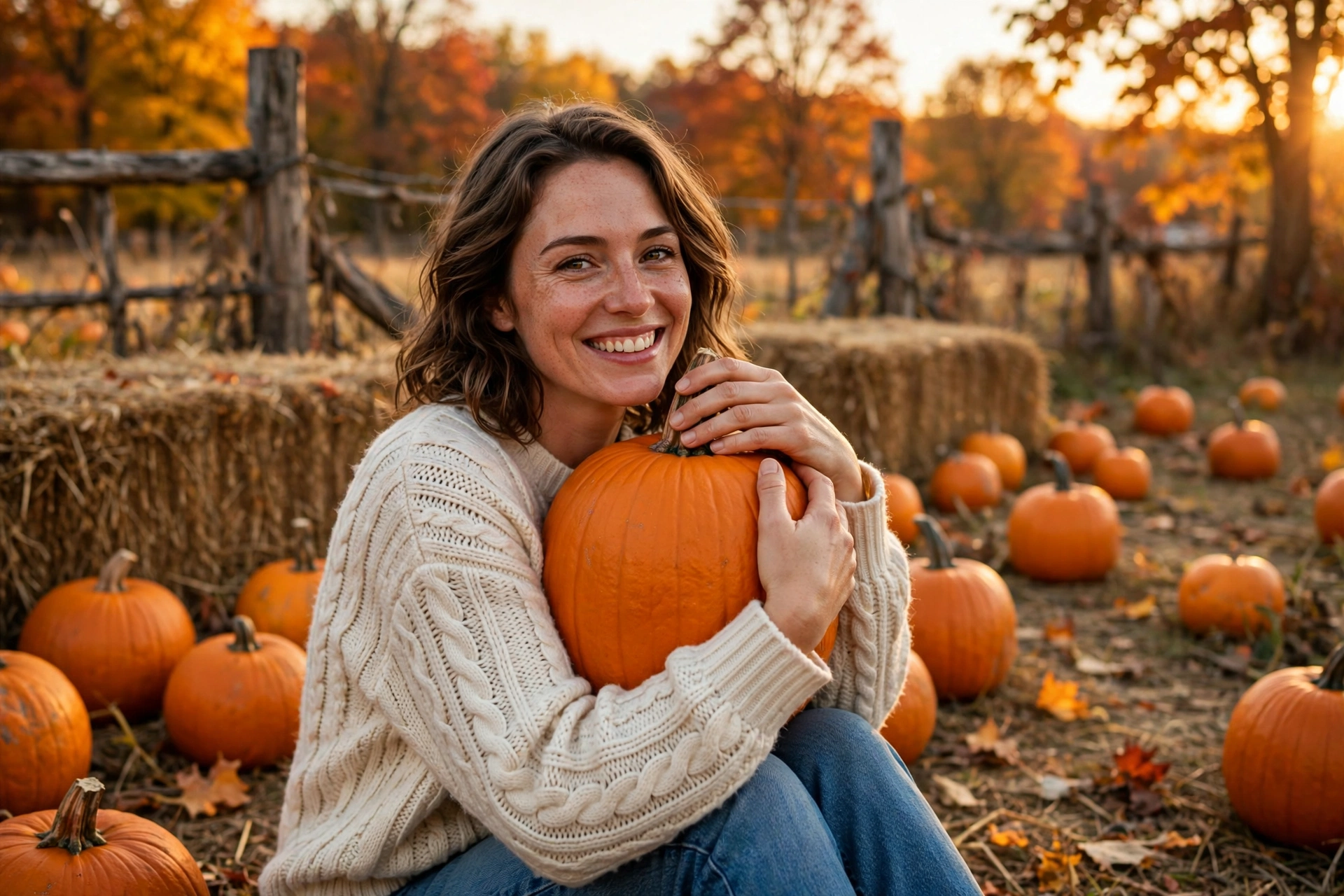 Create an ultra-realistic cozy autumn pumpkin patch photoshoot. Subject: a person in a chunky knit cream sweater and brown boots, holding a small pump