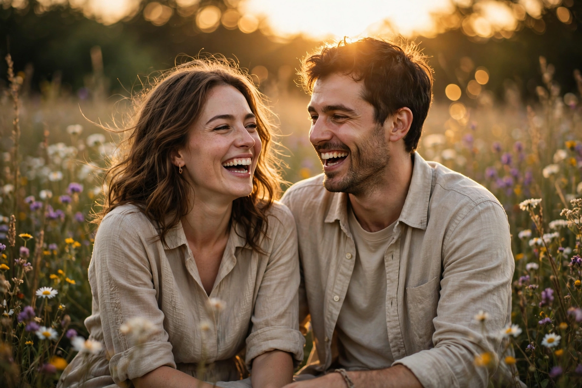 Create an ultra-realistic romantic couple photoshoot. Two people in coordinated beige and cream outfits, laughing naturally together. Pose: the man li