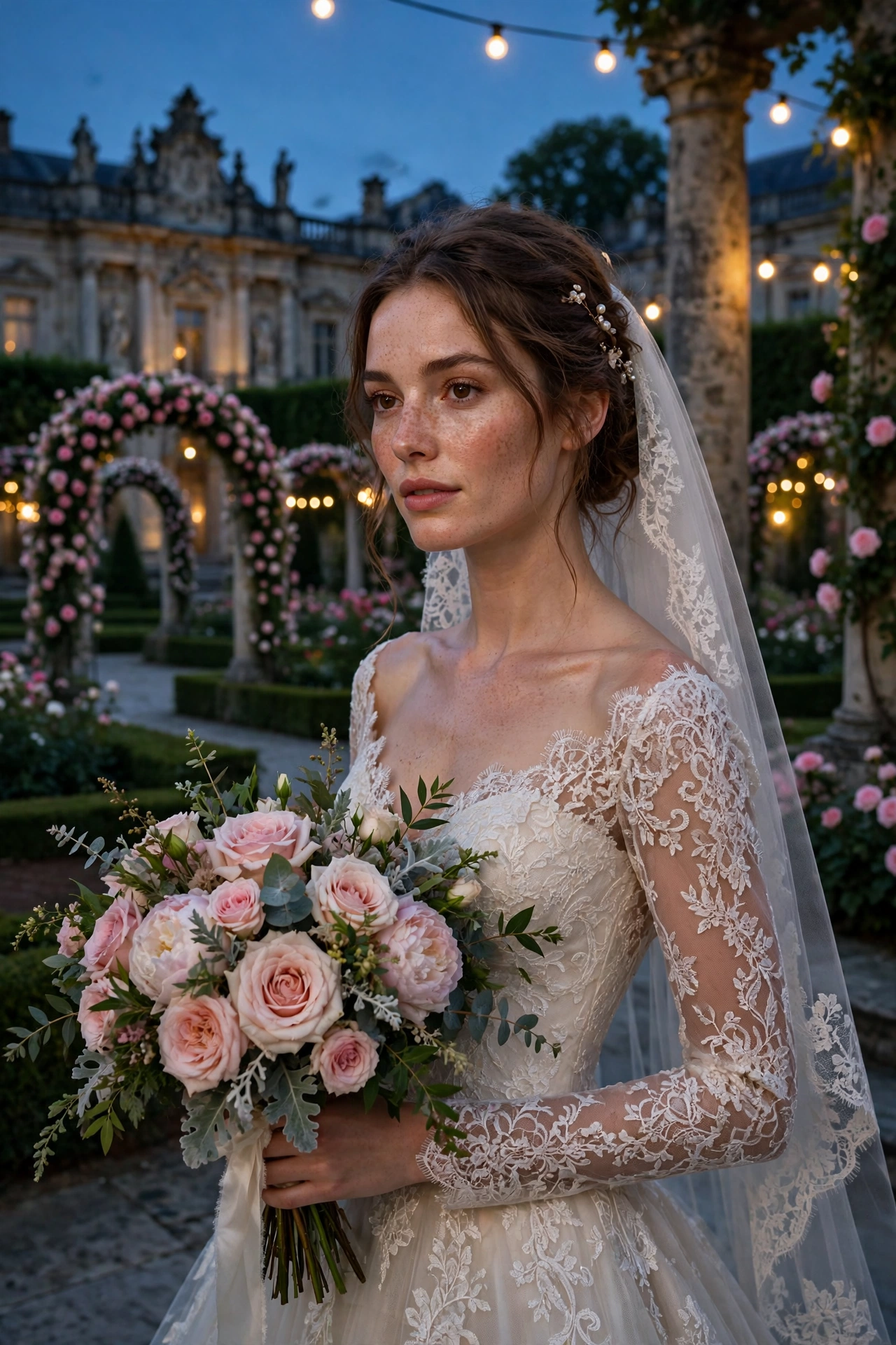 Create an ultra-realistic luxury wedding portrait. Subject: a bride in an elegant ivory gown with intricate lace bodice and flowing tulle skirt, holdi
