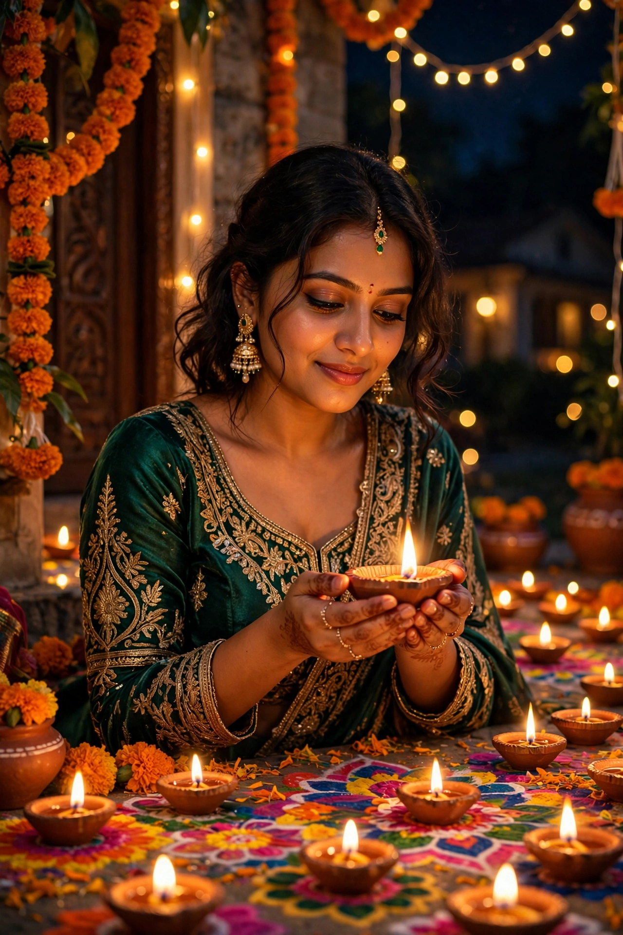 Create an ultra-realistic vibrant Diwali celebration portrait. Subject: a person in stunning traditional Indian festive wear — richly embroidered silk