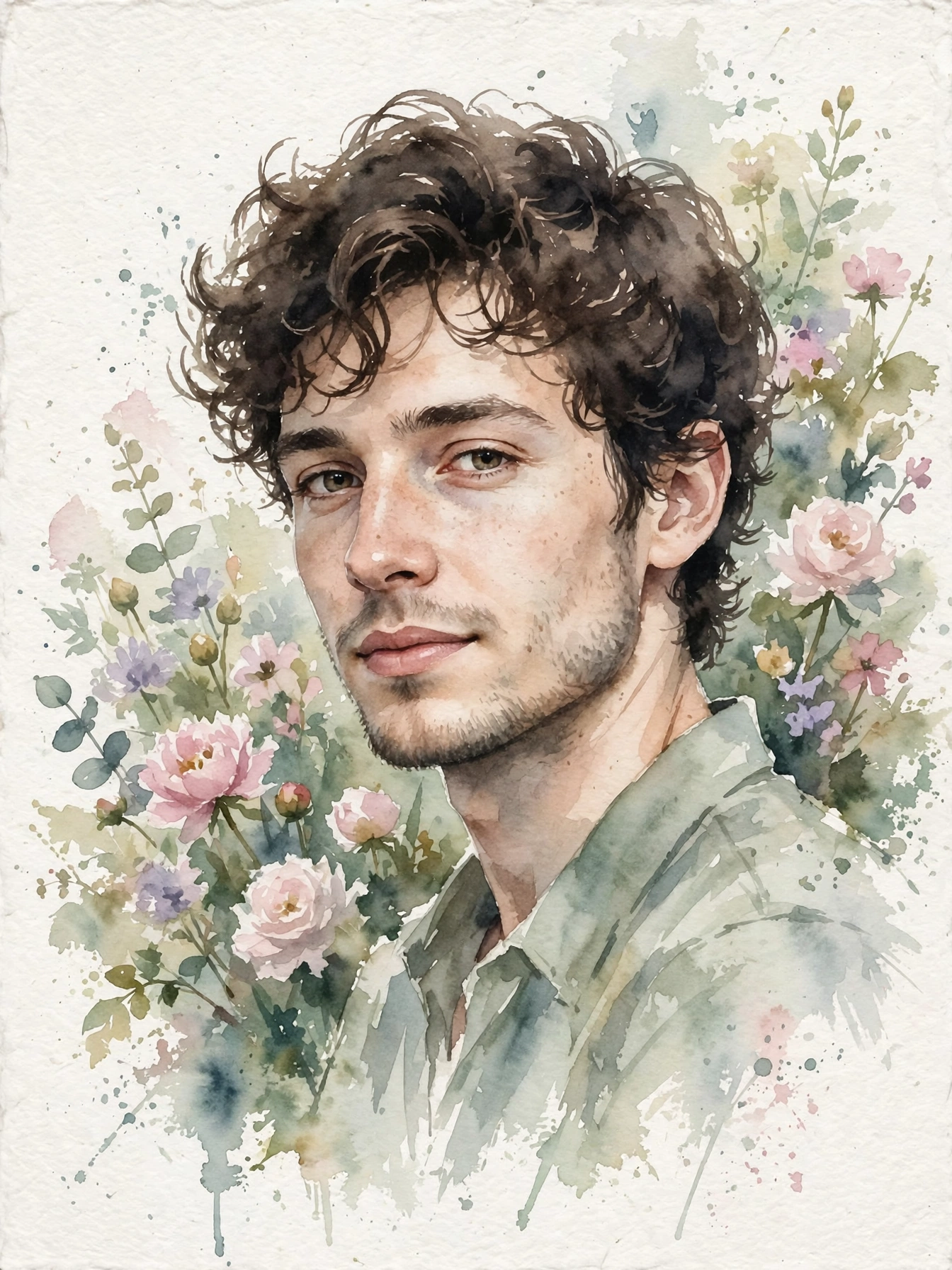 Create a beautiful delicate watercolor portrait painting. Subject: a person rendered in soft watercolor — gentle washes of color defining the face, lo
