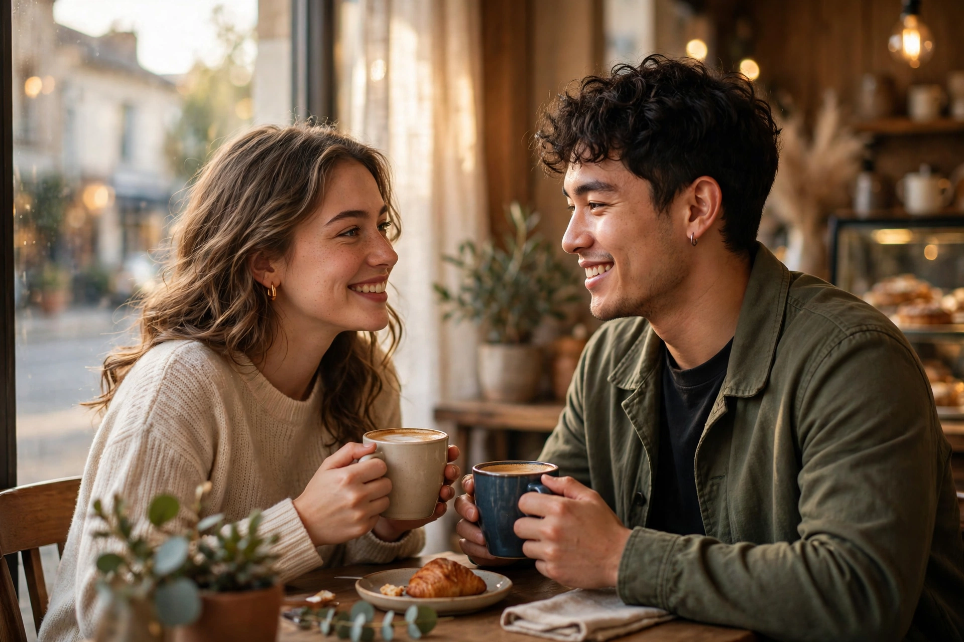 Create an ultra-realistic cinematic photograph of a cute young couple on a coffee date, sitting across a small wooden table by a large cafe window, bo