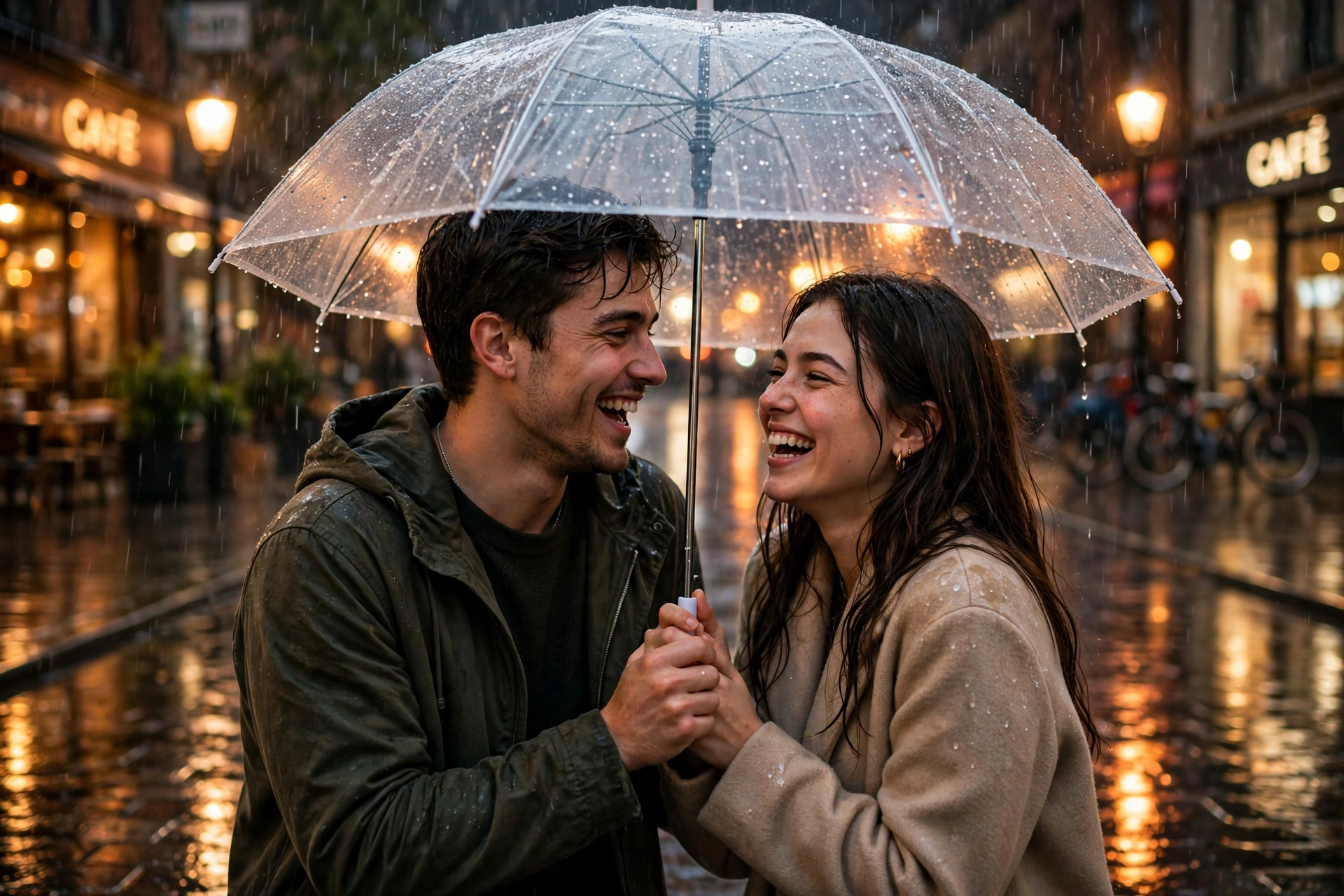 Create an ultra-realistic cinematic photograph of a young couple sharing one transparent umbrella on a rainy evening street, laughing together as rain