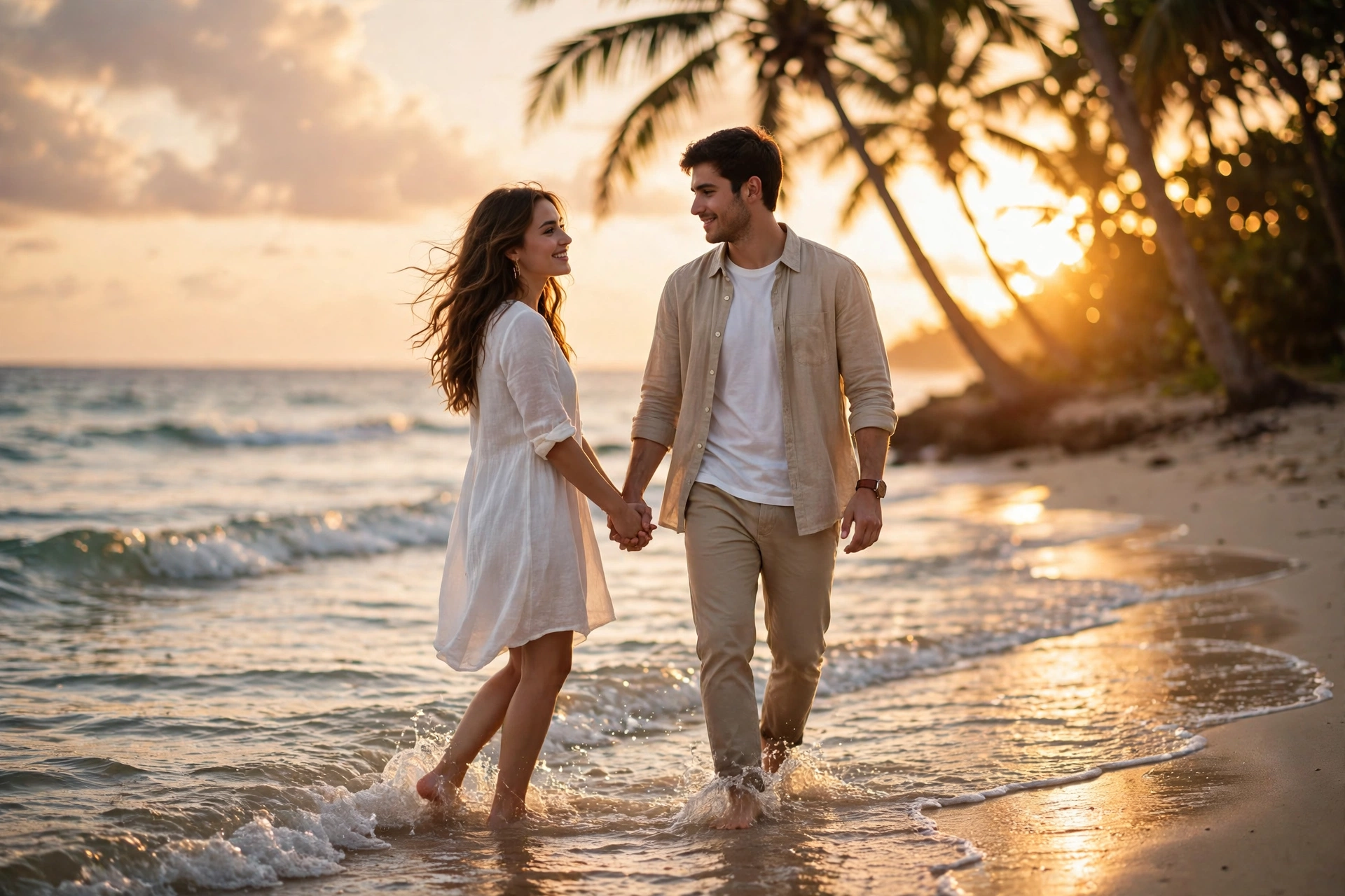 Create an ultra-realistic cinematic photograph of a young couple walking hand in hand along a sandy beach at sunset, gentle waves at their feet, the g