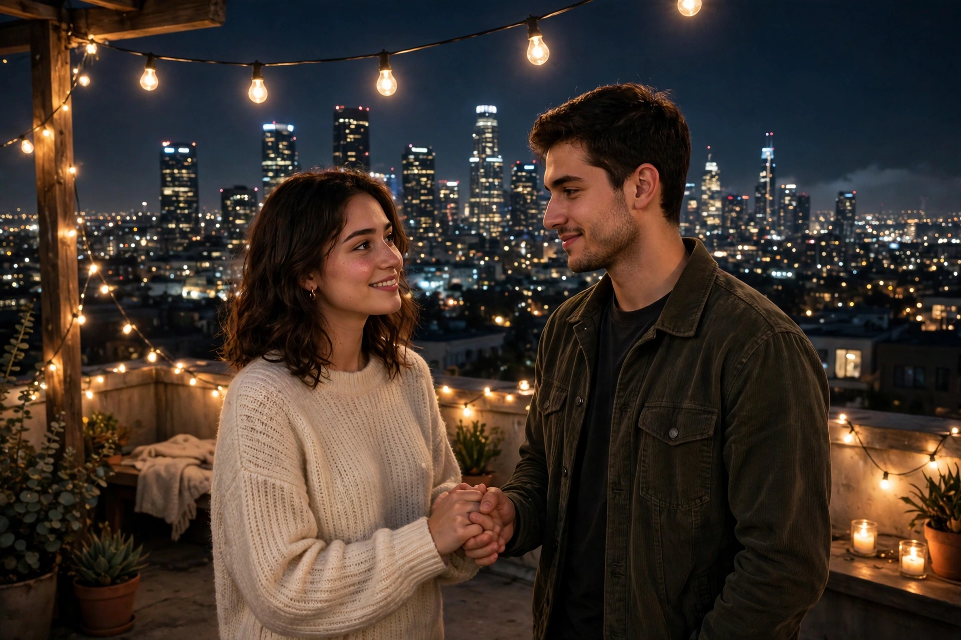 Create an ultra-realistic cinematic photograph of a young couple sitting close together on a rooftop terrace at night, wrapped in warm fairy string li