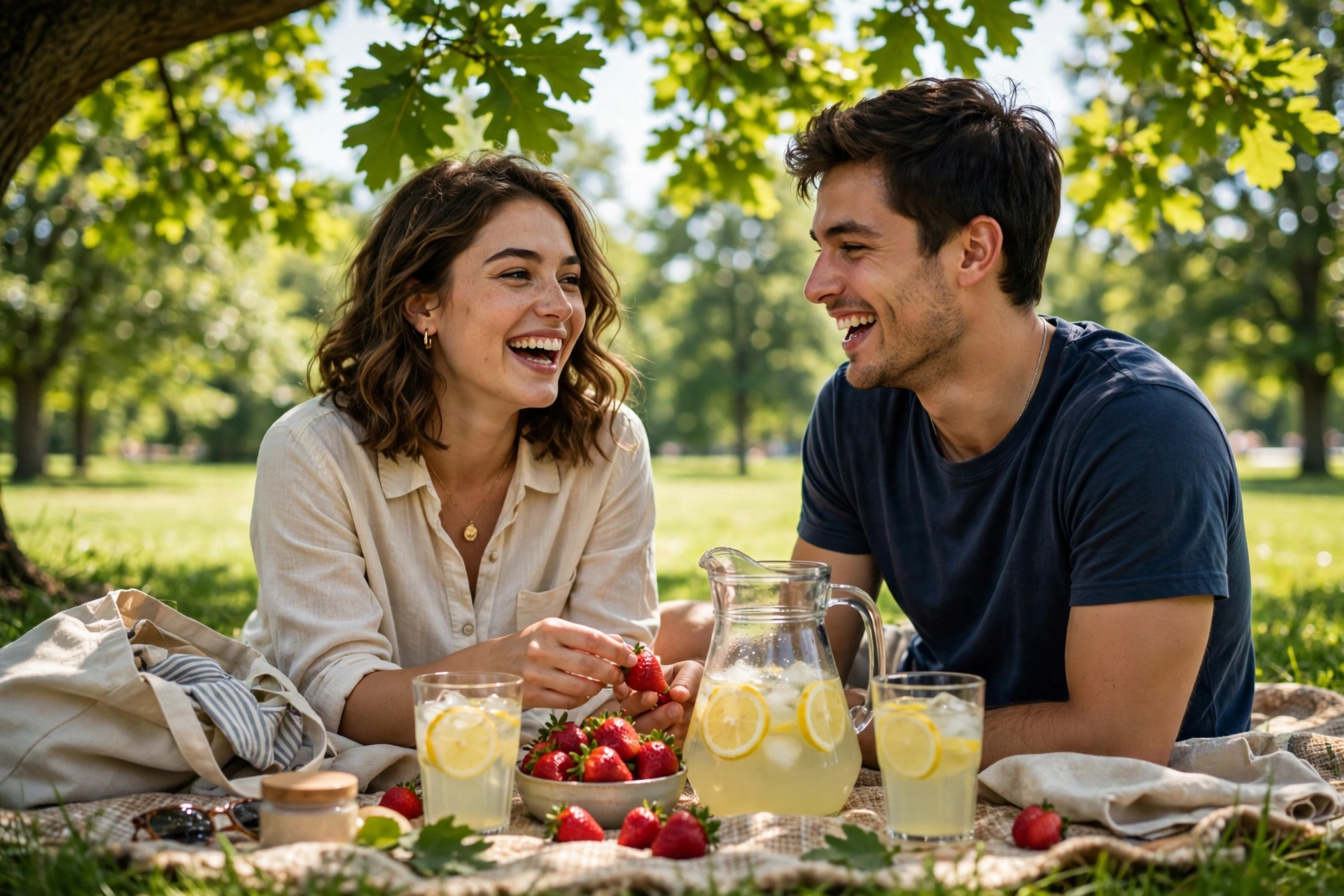 Create an ultra-realistic cinematic photograph of a young couple on a picnic blanket in a green park, sharing strawberries and lemonade, laughing unde