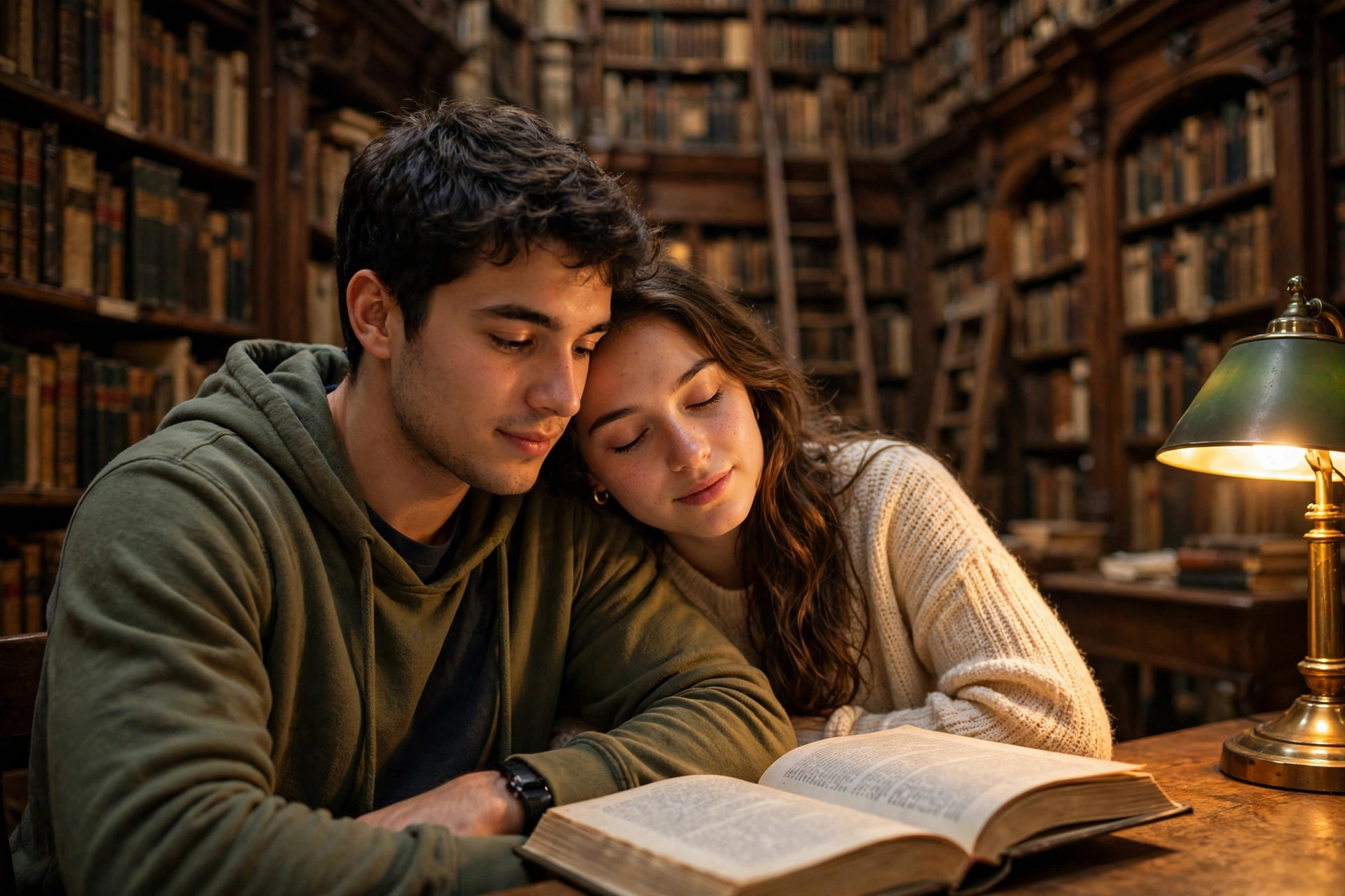 Create an ultra-realistic cinematic photograph of a young couple in a beautiful old library, sitting side by side reading, the girl resting her head o