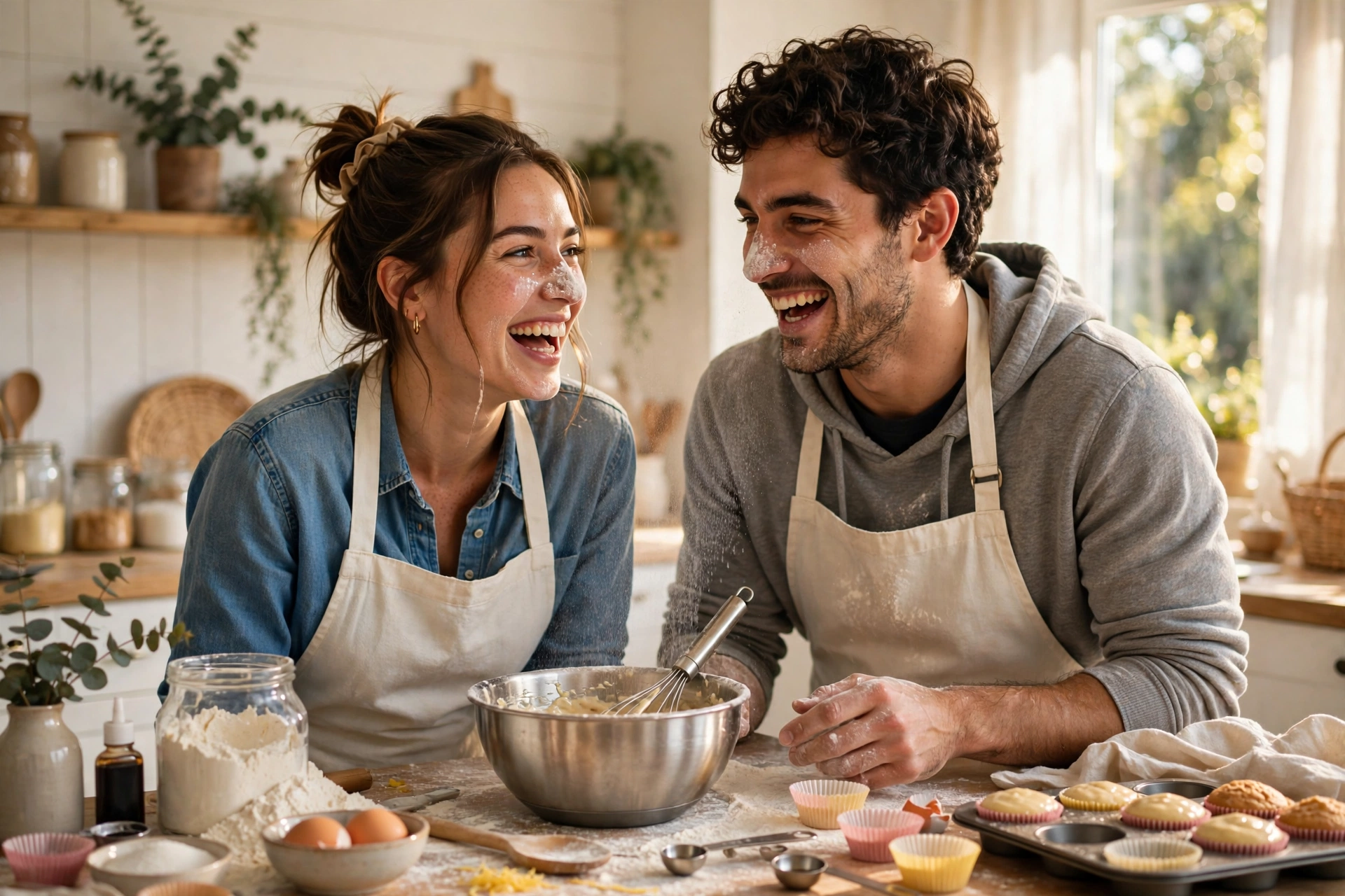Create an ultra-realistic cinematic photograph of a young couple baking cupcakes together in a bright home kitchen, playfully dabbing flour on each ot