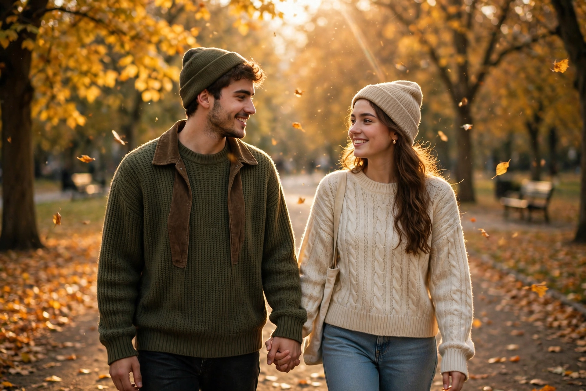 Create an ultra-realistic cinematic photograph of a young couple walking through an autumn park covered in golden and red leaves, wearing cozy sweater