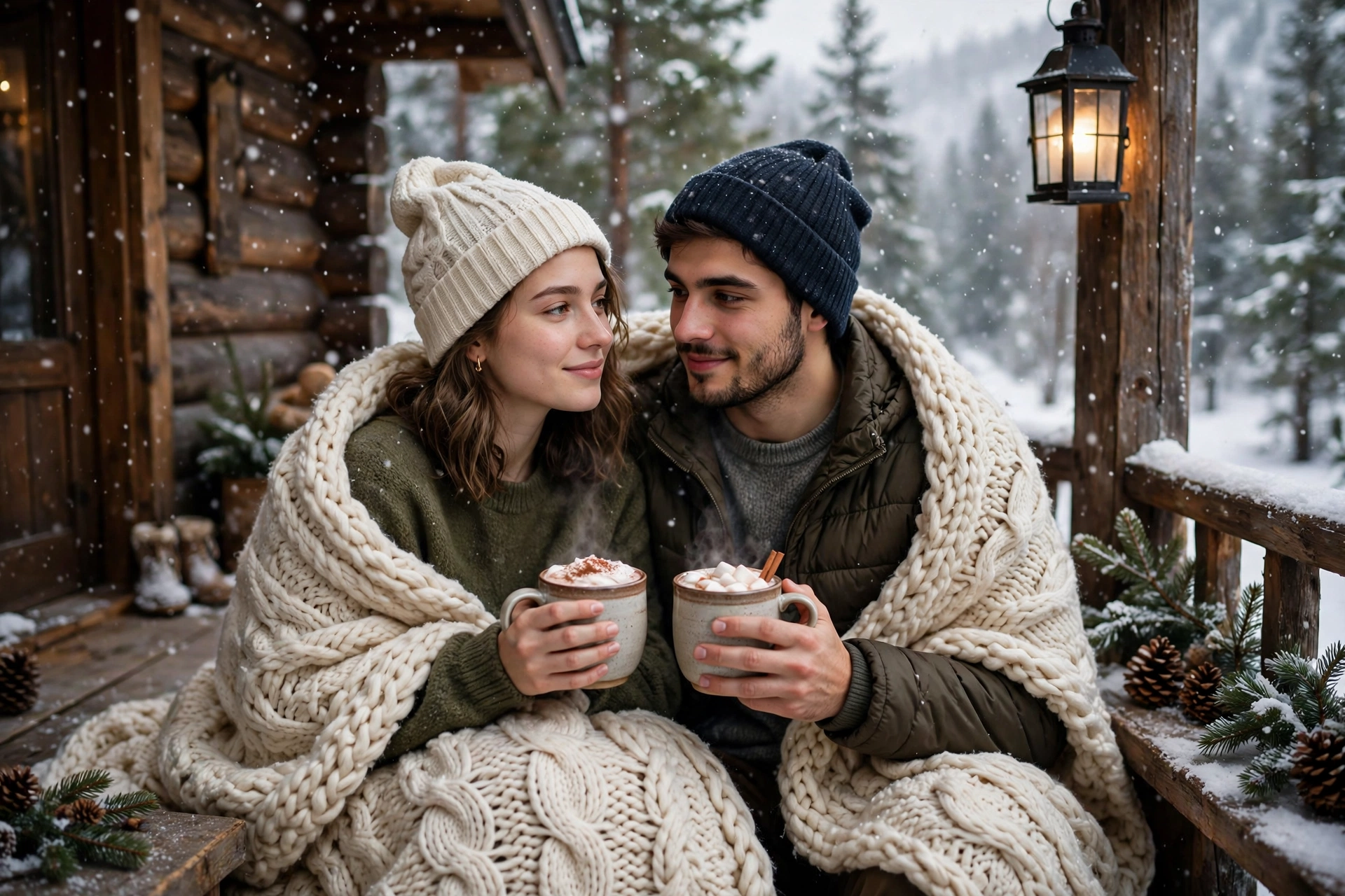 Create an ultra-realistic cinematic photograph of a young couple sitting on a wooden cabin porch on a snowy day, wrapped in one big blanket, holding s