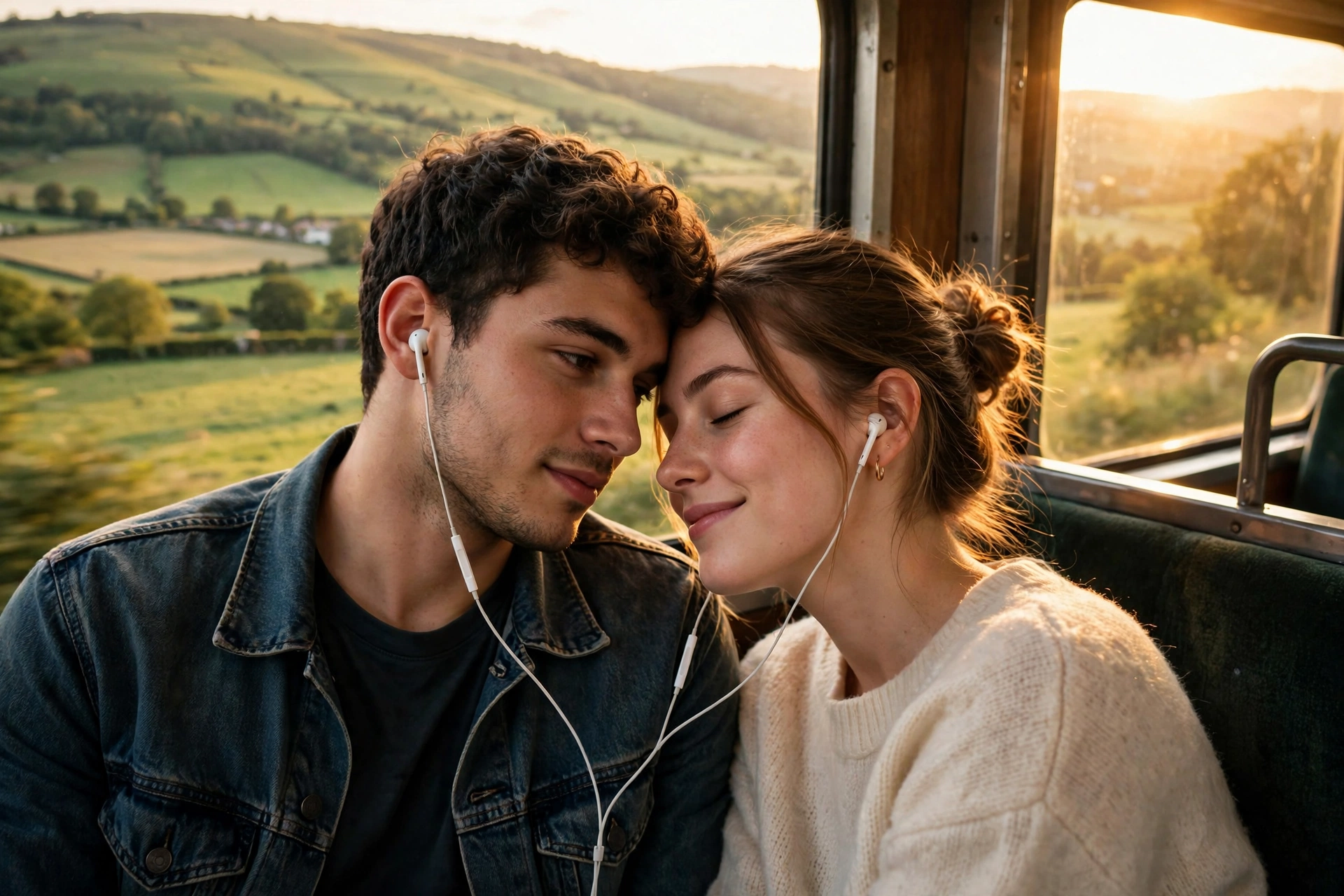 Create an ultra-realistic cinematic photograph of a young couple sitting by a train window on a scenic journey, sharing earphones and watching green h
