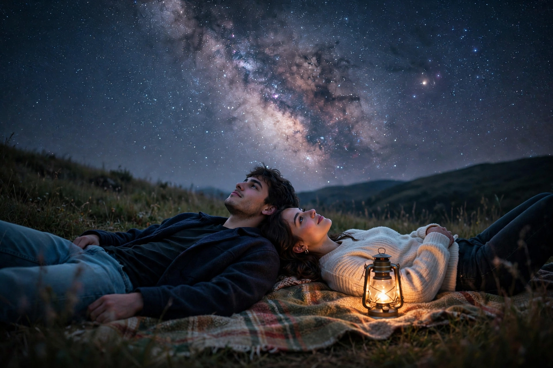 Create an ultra-realistic cinematic photograph of a young couple lying on a blanket on a grassy hill at night, pointing at the stars together, the Mil