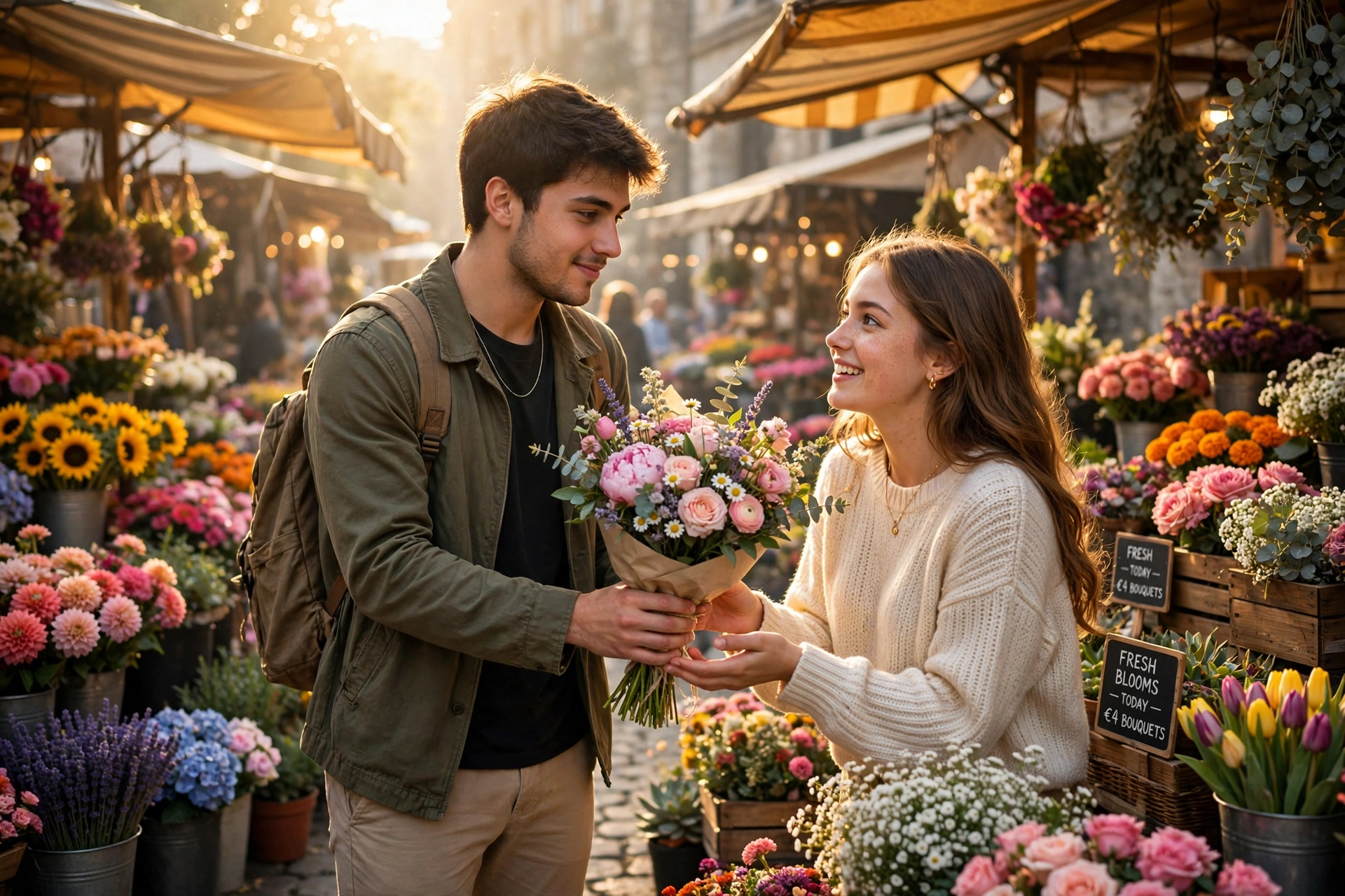 Create an ultra-realistic cinematic photograph of a young couple at a colorful morning flower market, the boy surprising the girl with a big bouquet o