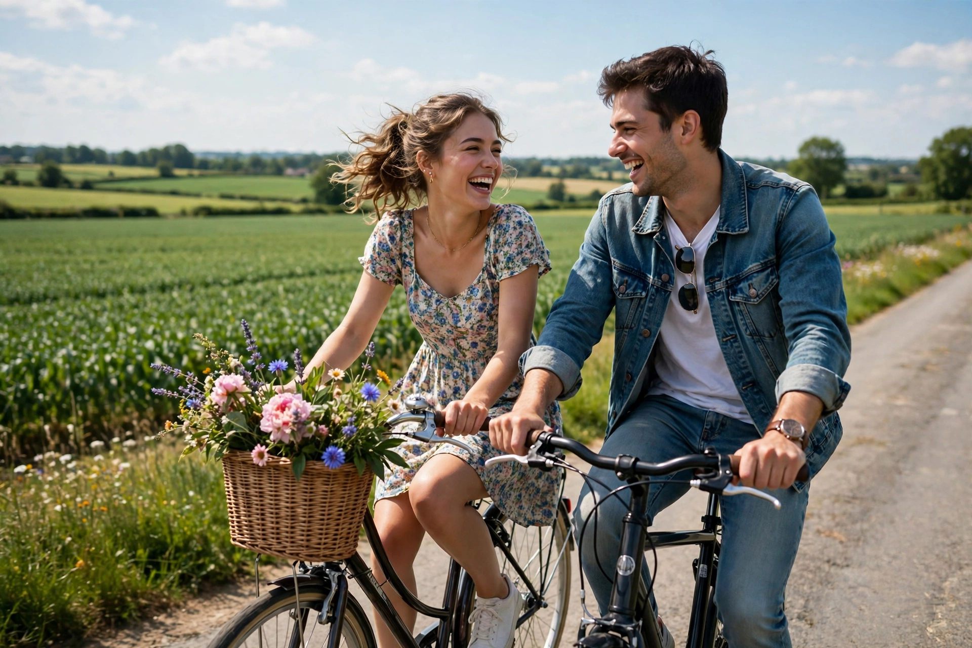 Create an ultra-realistic cinematic photograph of a young couple riding bicycles side by side on a quiet countryside road, laughing, a basket of flowe