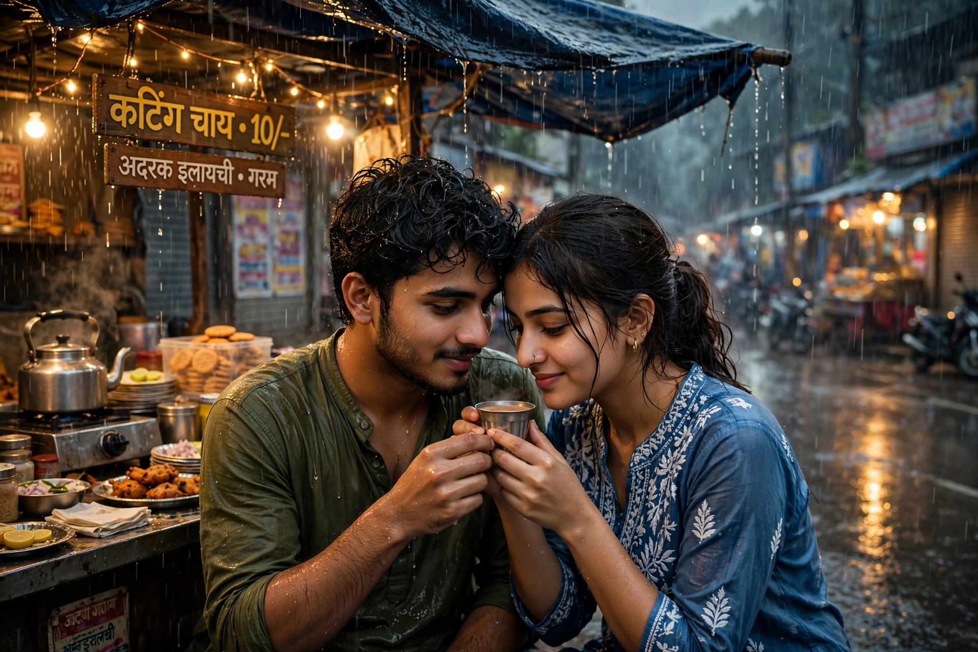 Create an ultra-realistic cinematic photograph of a young desi couple standing under the awning of a small roadside chai stall during monsoon rain, sh