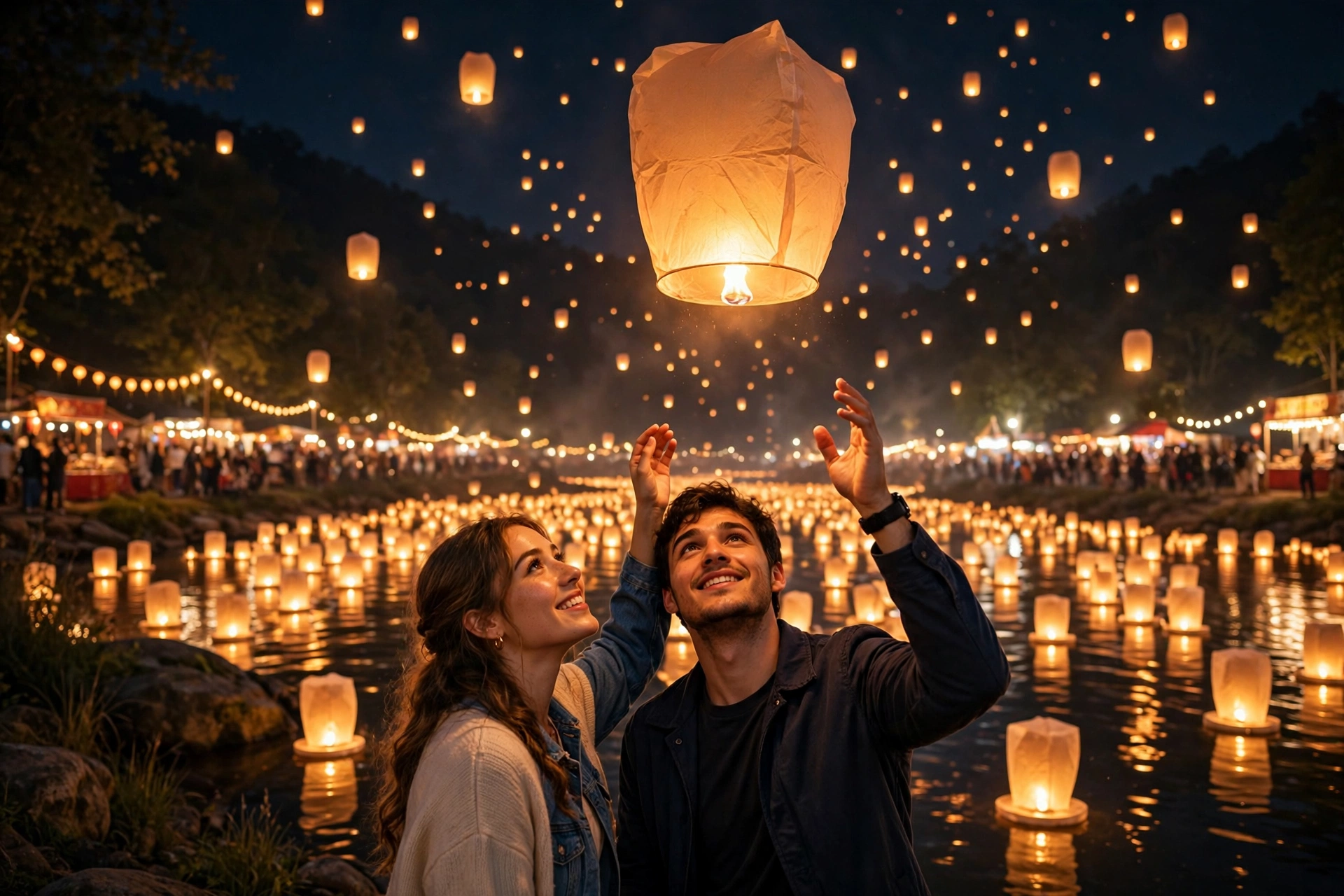 Create an ultra-realistic cinematic photograph of a young couple at a night lantern festival, holding one glowing paper lantern together about to rele