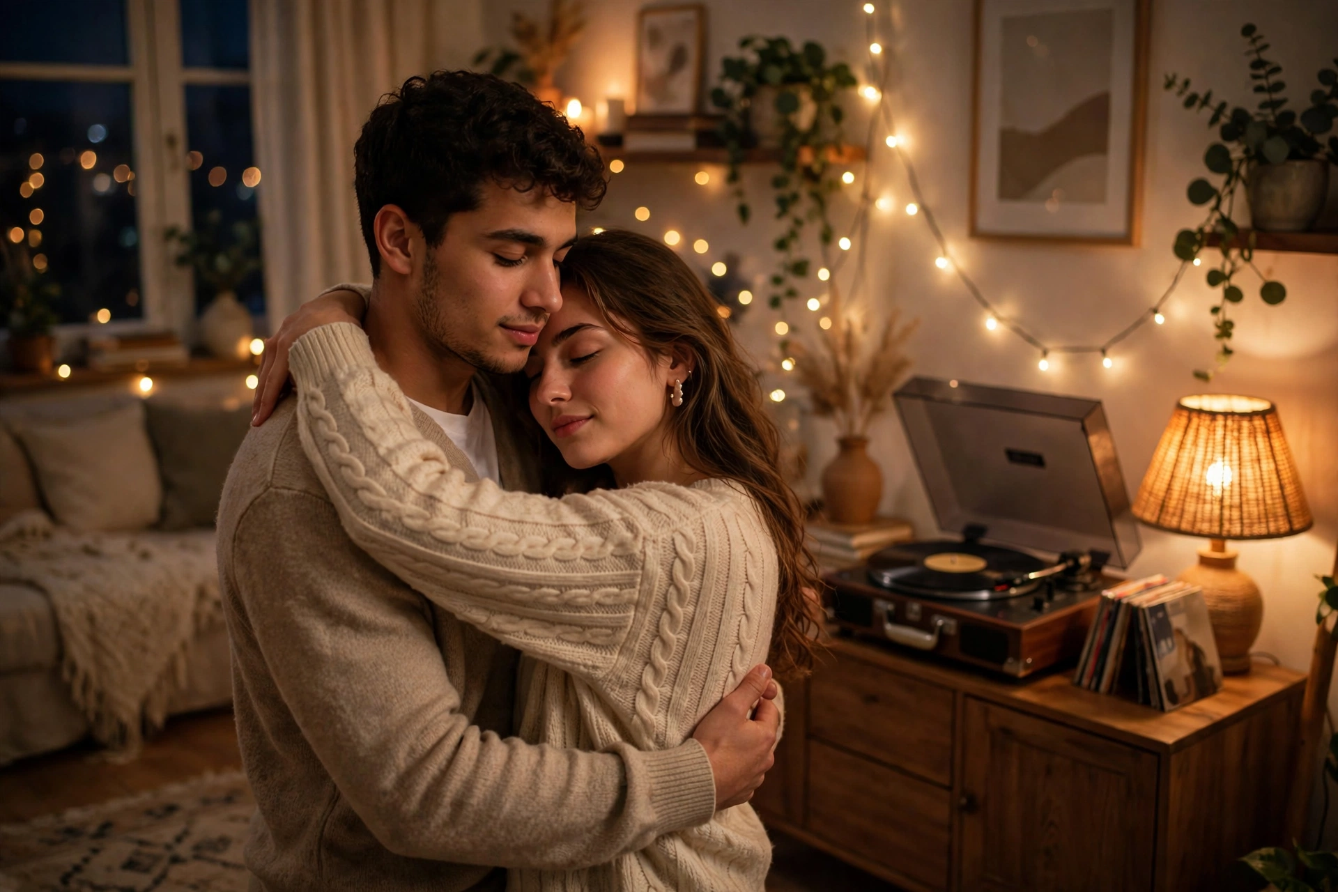 Create an ultra-realistic cinematic photograph of a young couple slow dancing in their living room at night, fairy lights and a record player in the b