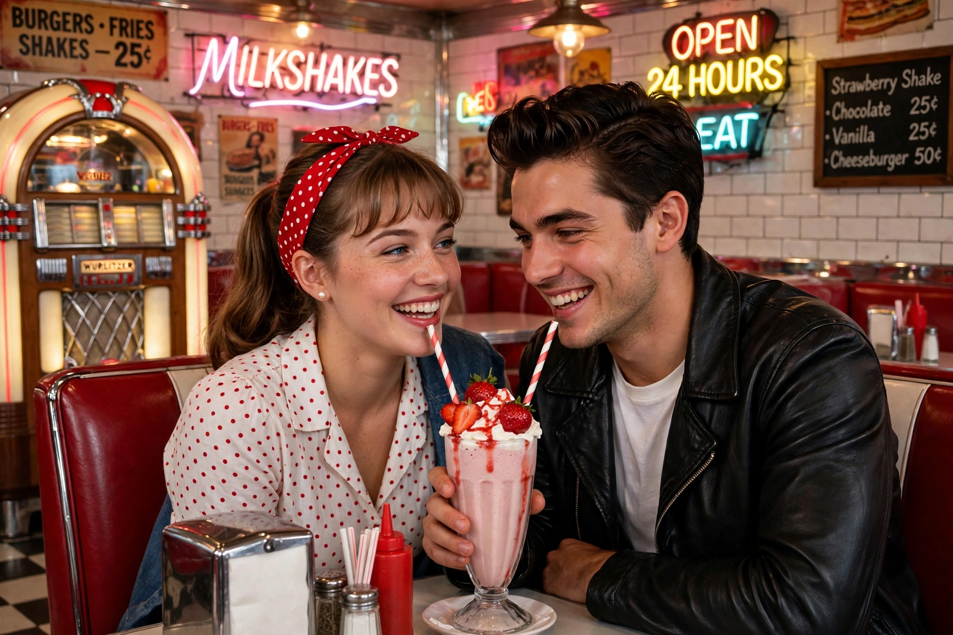 Create an ultra-realistic cinematic photograph of a young couple on a date in a 1950s-style retro diner, sharing one strawberry milkshake with two str