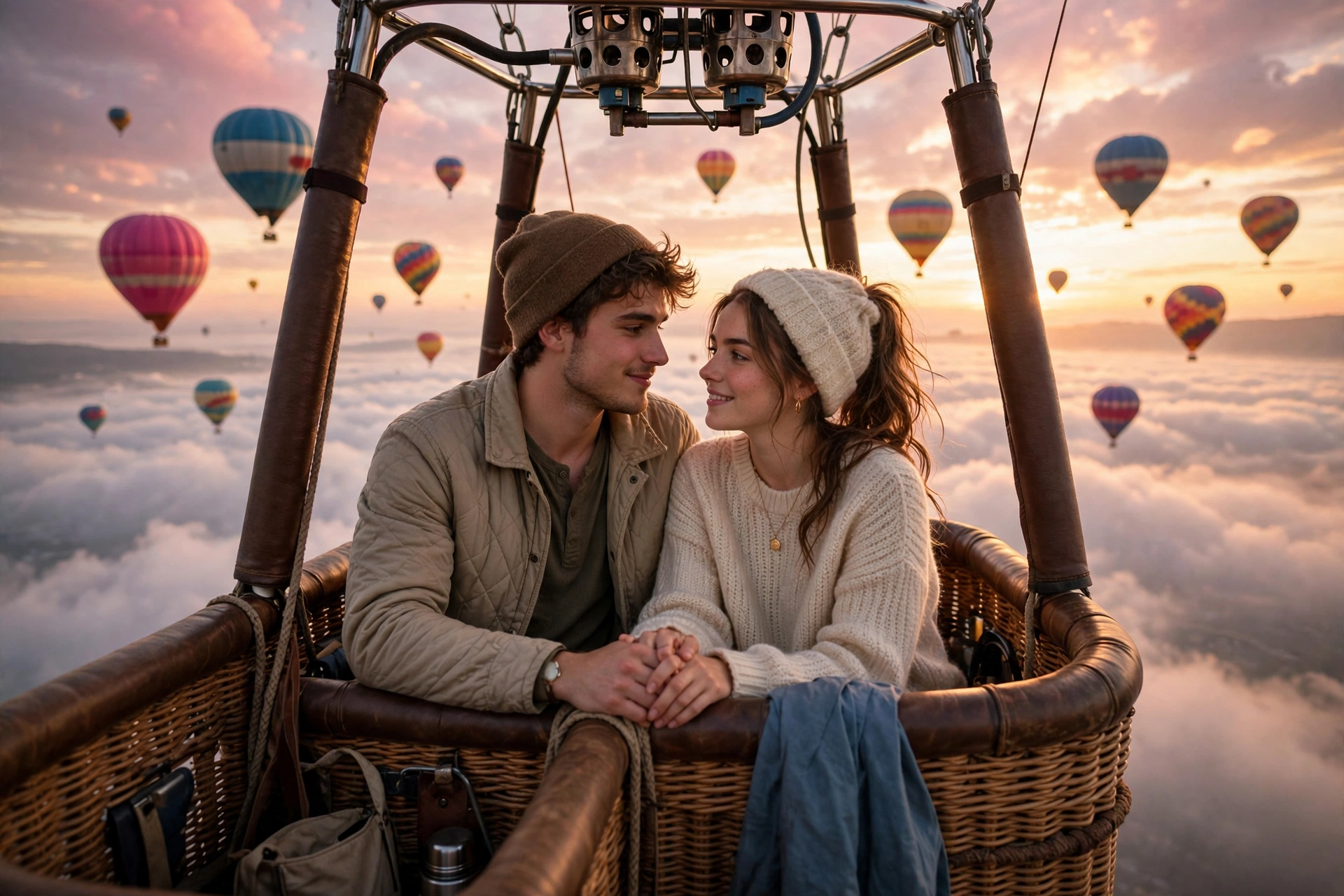Create an ultra-realistic cinematic photograph of a young couple standing in a hot air balloon basket at sunrise, arms around each other, colorful bal