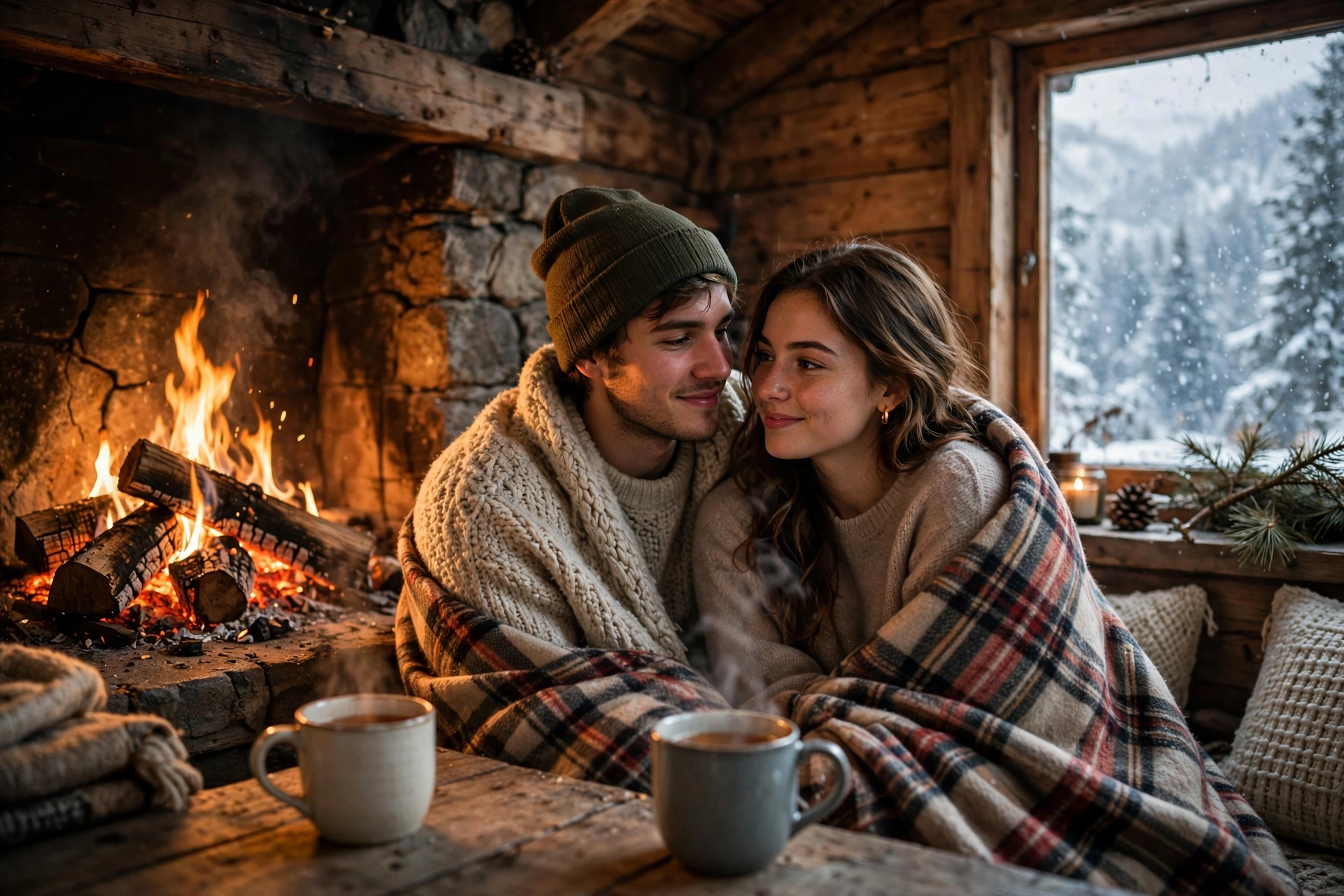 Create an ultra-realistic cinematic photograph of a young couple sitting on a rug in front of a crackling fireplace inside a wooden mountain cabin, wr