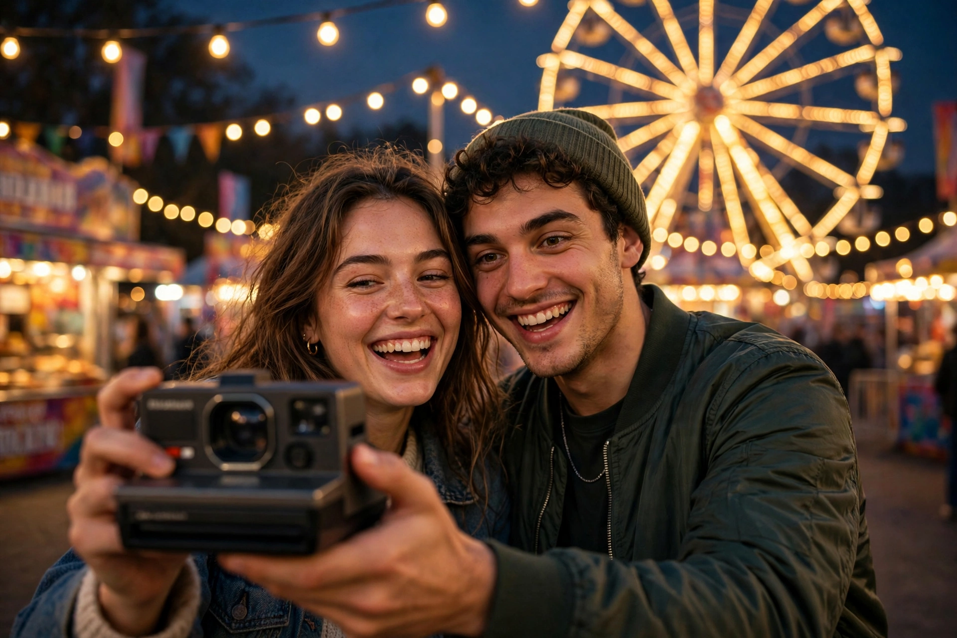 Create an ultra-realistic cinematic photograph of a young couple taking a selfie together with an instant polaroid camera at a funfair, both making pl
