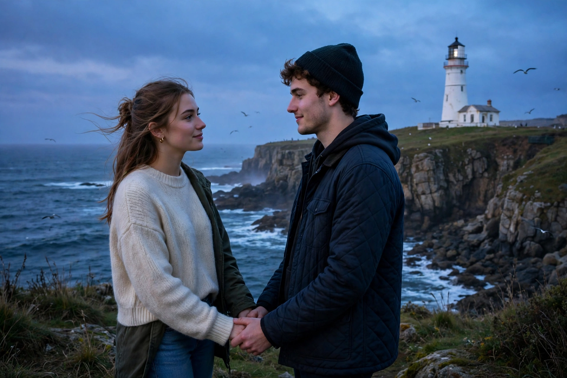 Create an ultra-realistic cinematic photograph of a young couple standing on rocky seaside cliffs near a white lighthouse at dusk, holding hands and w