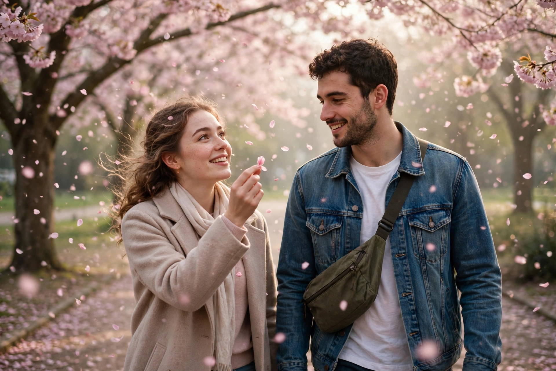 Create an ultra-realistic cinematic photograph of a young couple walking under blooming cherry blossom trees in spring, pink petals drifting in the ai