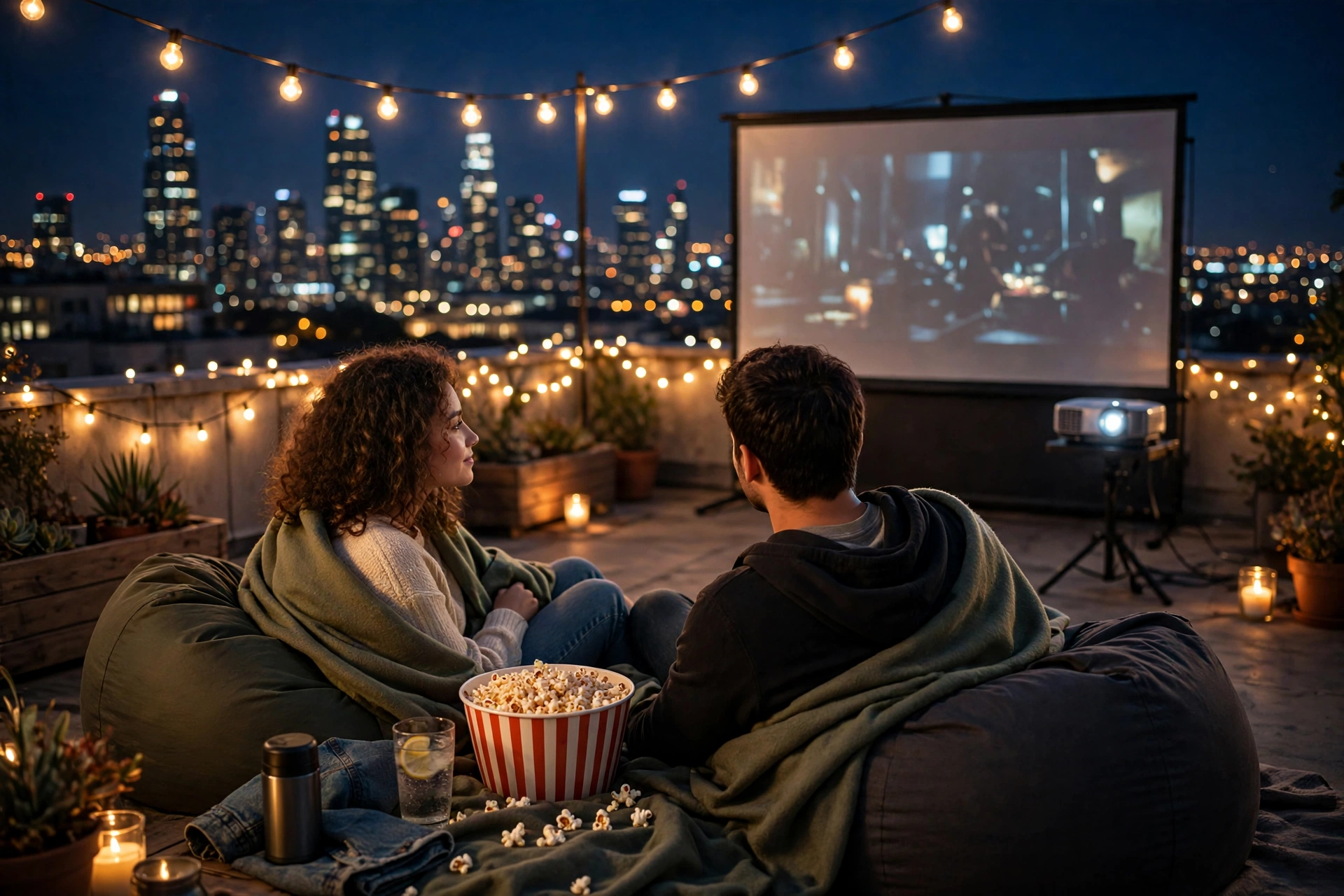 Create an ultra-realistic cinematic photograph of a young couple watching a movie on a rooftop at night, sitting on bean bags with a bowl of popcorn