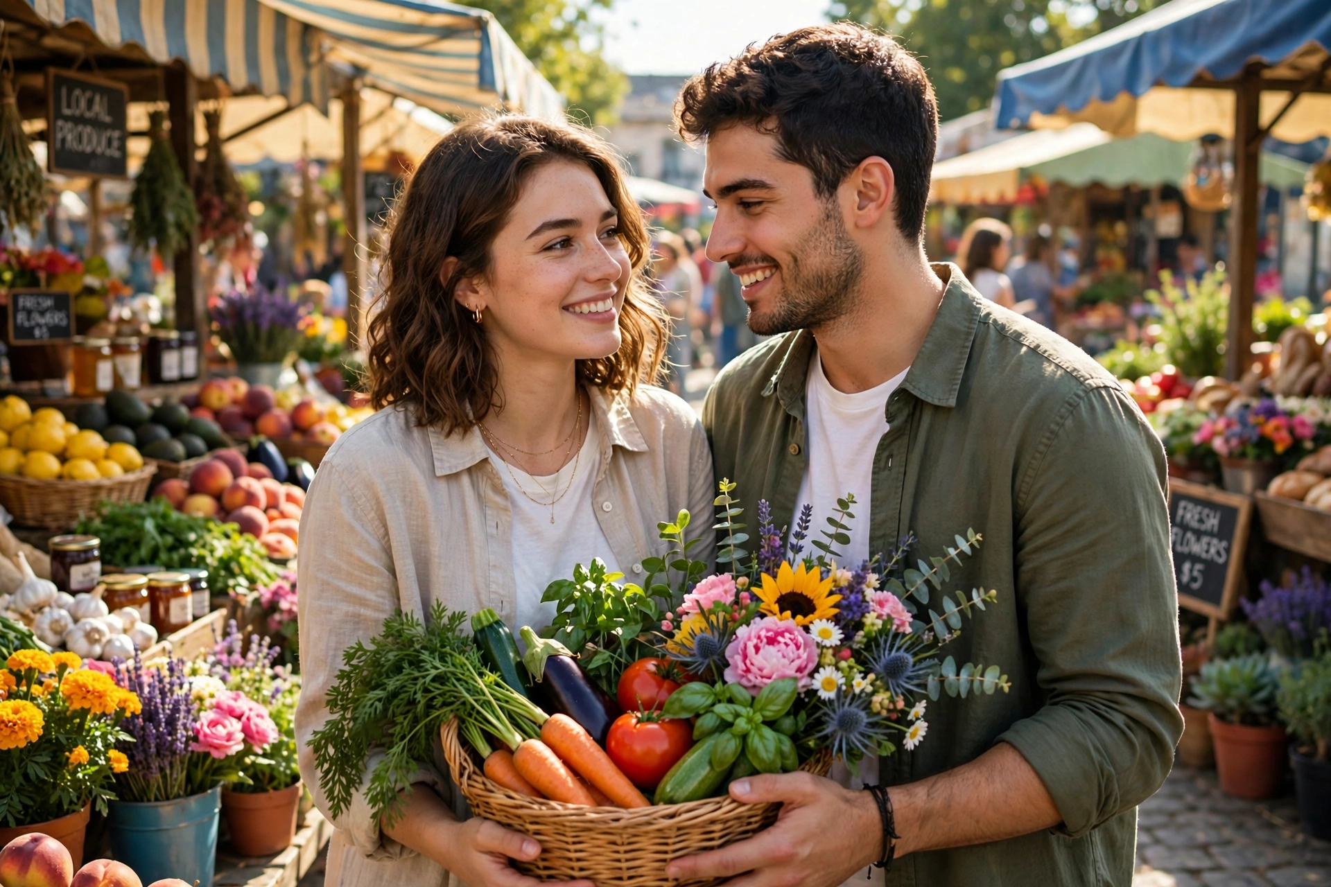 Create an ultra-realistic cinematic photograph of a young couple shopping together at a sunny farmers market, carrying a basket of fresh vegetables an