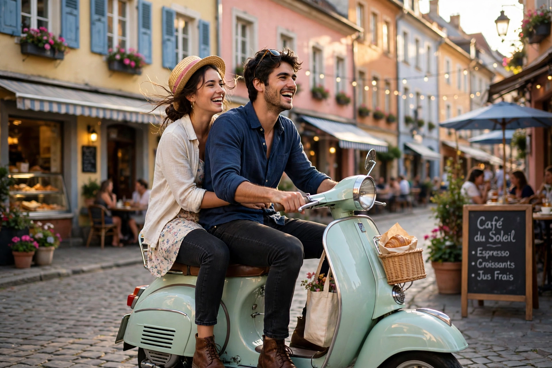 Create an ultra-realistic cinematic photograph of a young couple riding a pastel vintage scooter through a charming old-town street, the girl sitting