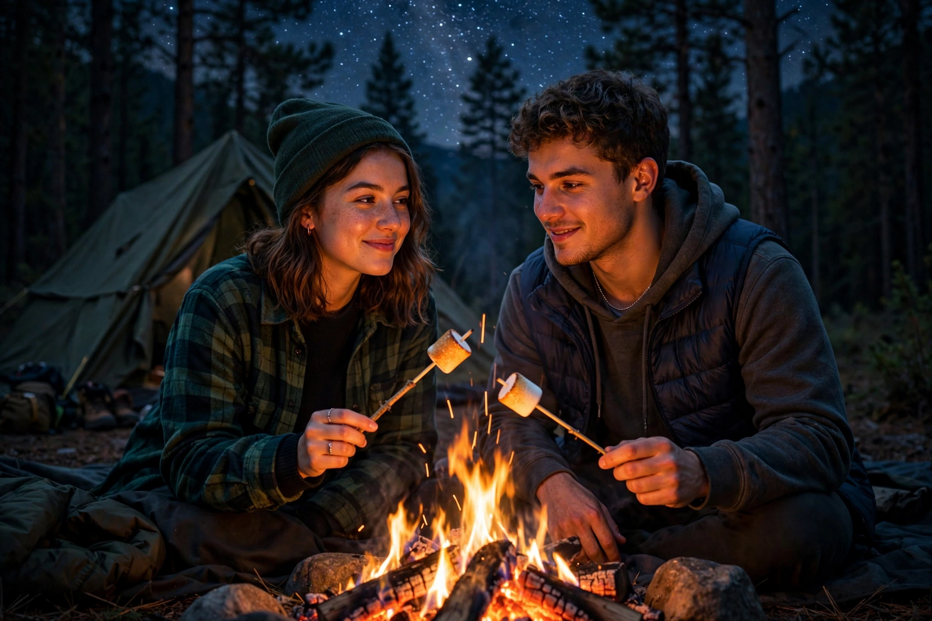 Create an ultra-realistic cinematic photograph of a young couple sitting by a campfire at night, roasting marshmallows on sticks to make smores, a ten