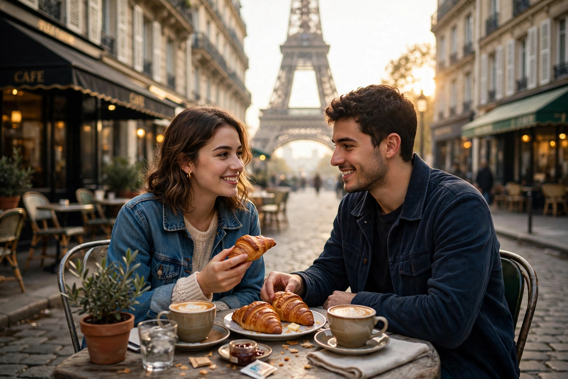 Create an ultra-realistic cinematic photograph of a young couple at a small round table outside a Parisian cafe, sharing croissants and coffee, the Ei