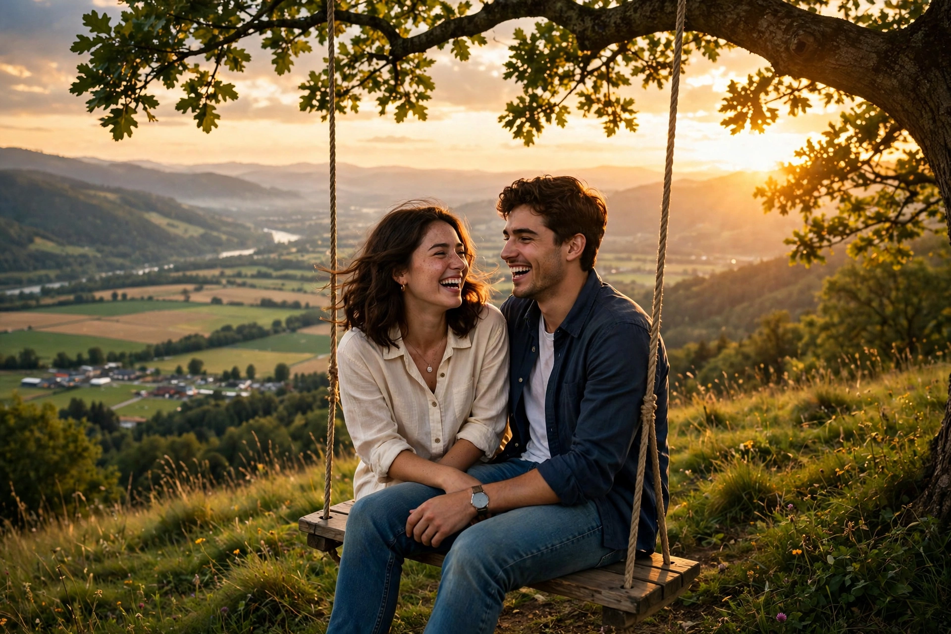 Create an ultra-realistic cinematic photograph of a young couple on a big wooden swing hanging from a tree on a green hilltop at sunset, the girl sitt