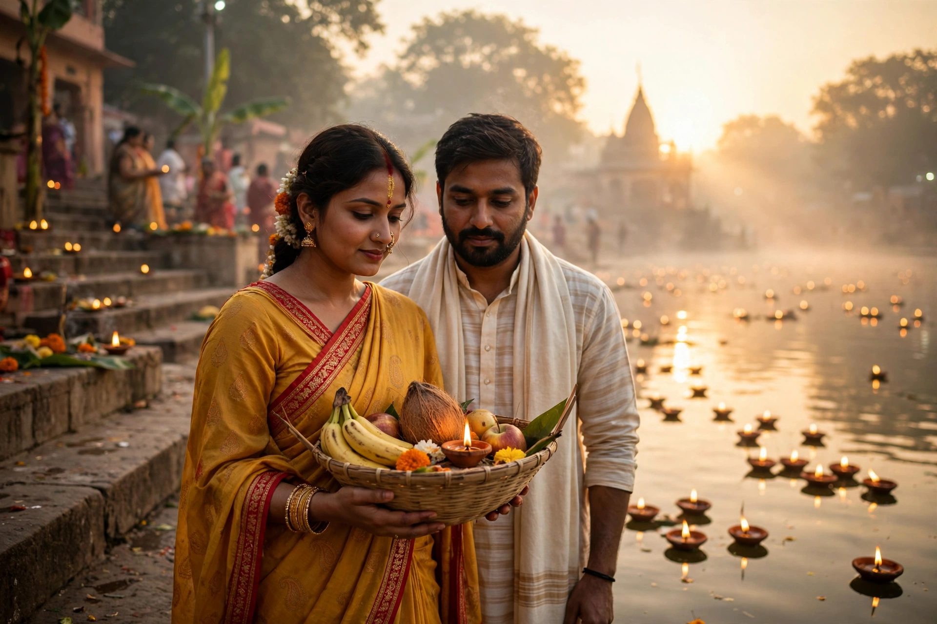 Create an ultra-realistic cinematic photograph of a young desi couple at a river ghat during Chhath Puja at sunrise, the wife in a bright yellow-orang