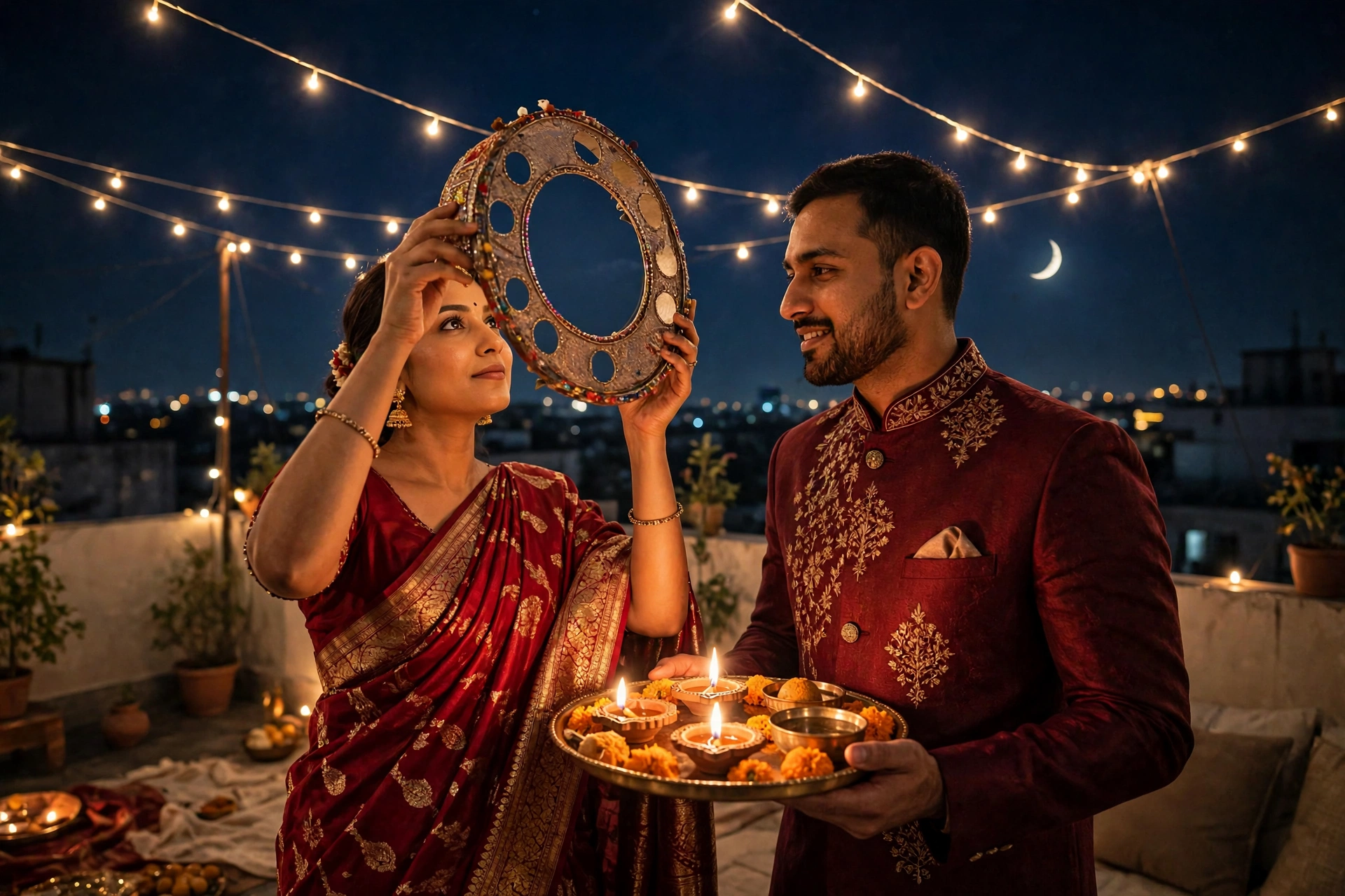 Create an ultra-realistic cinematic photograph of a young couple on a decorated rooftop terrace on Karwa Chauth night, the wife in a deep red bridal s