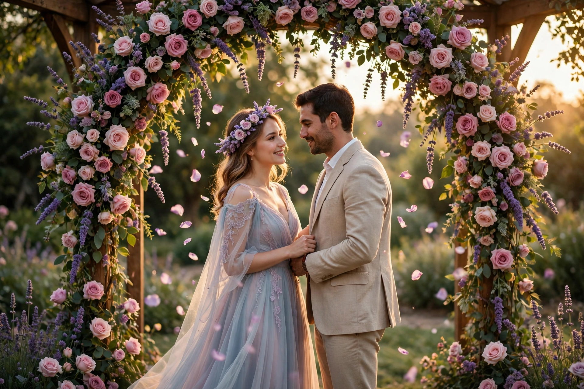 Create an ultra-realistic cinematic photograph of an elegant young couple at a pre-wedding shoot, standing under a floral gazebo arch covered in roses