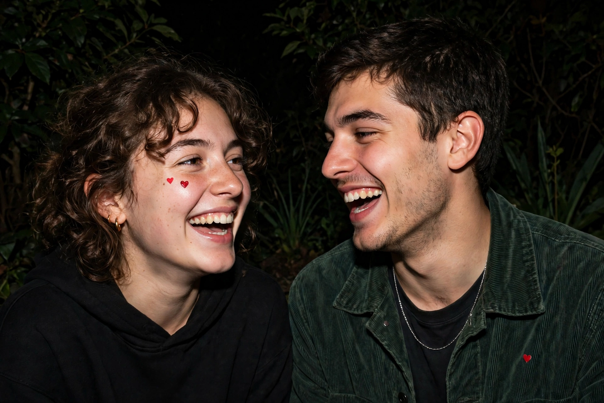 Create an ultra-realistic photograph of a young couple in a candid night-time garden portrait lit by a direct smartphone camera flash, laughing mid-mo