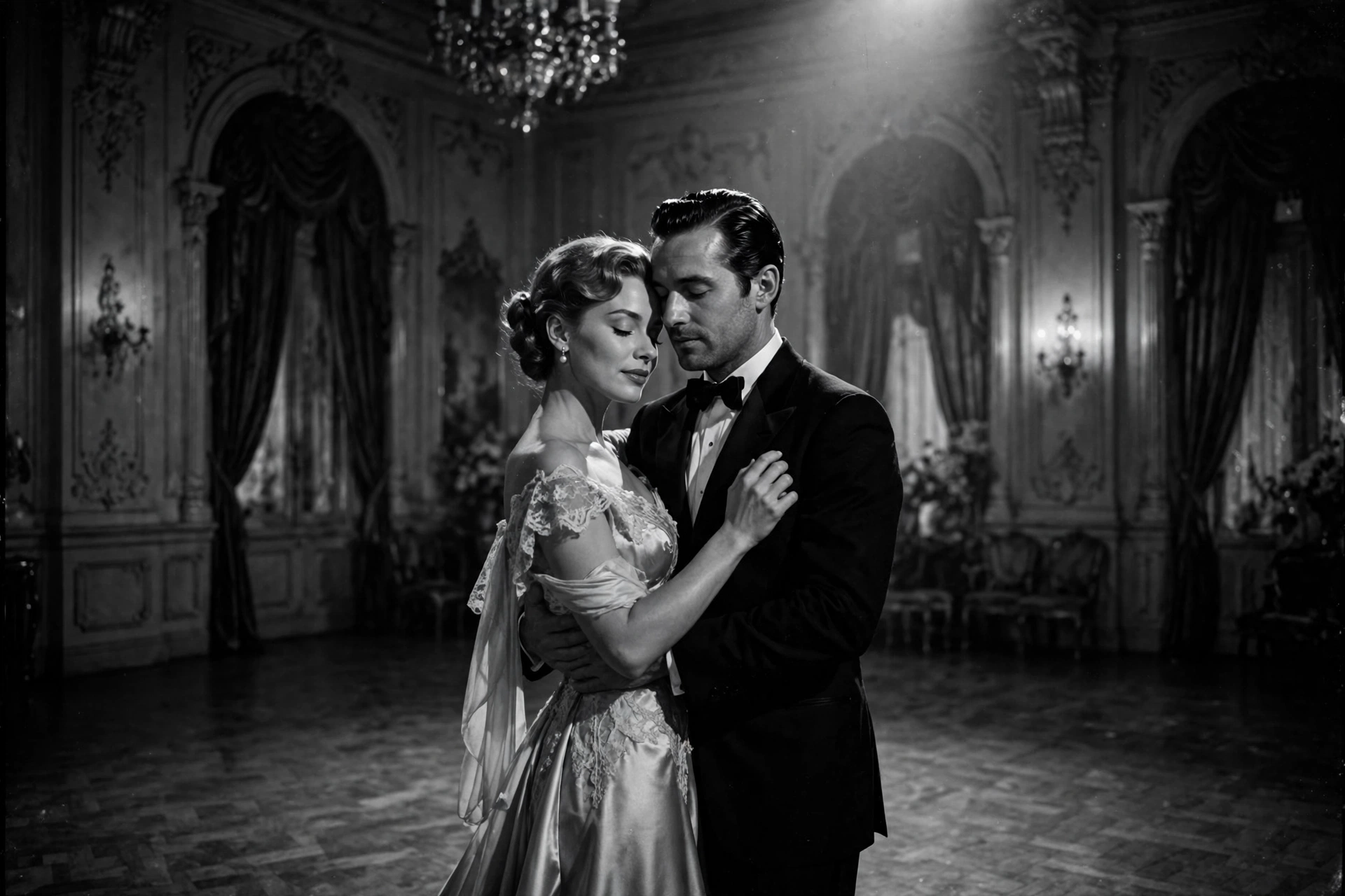 Create an ultra-realistic black and white cinematic photograph of an elegant young couple in a slow-dance pose in a grand hall, shot like a classic fi