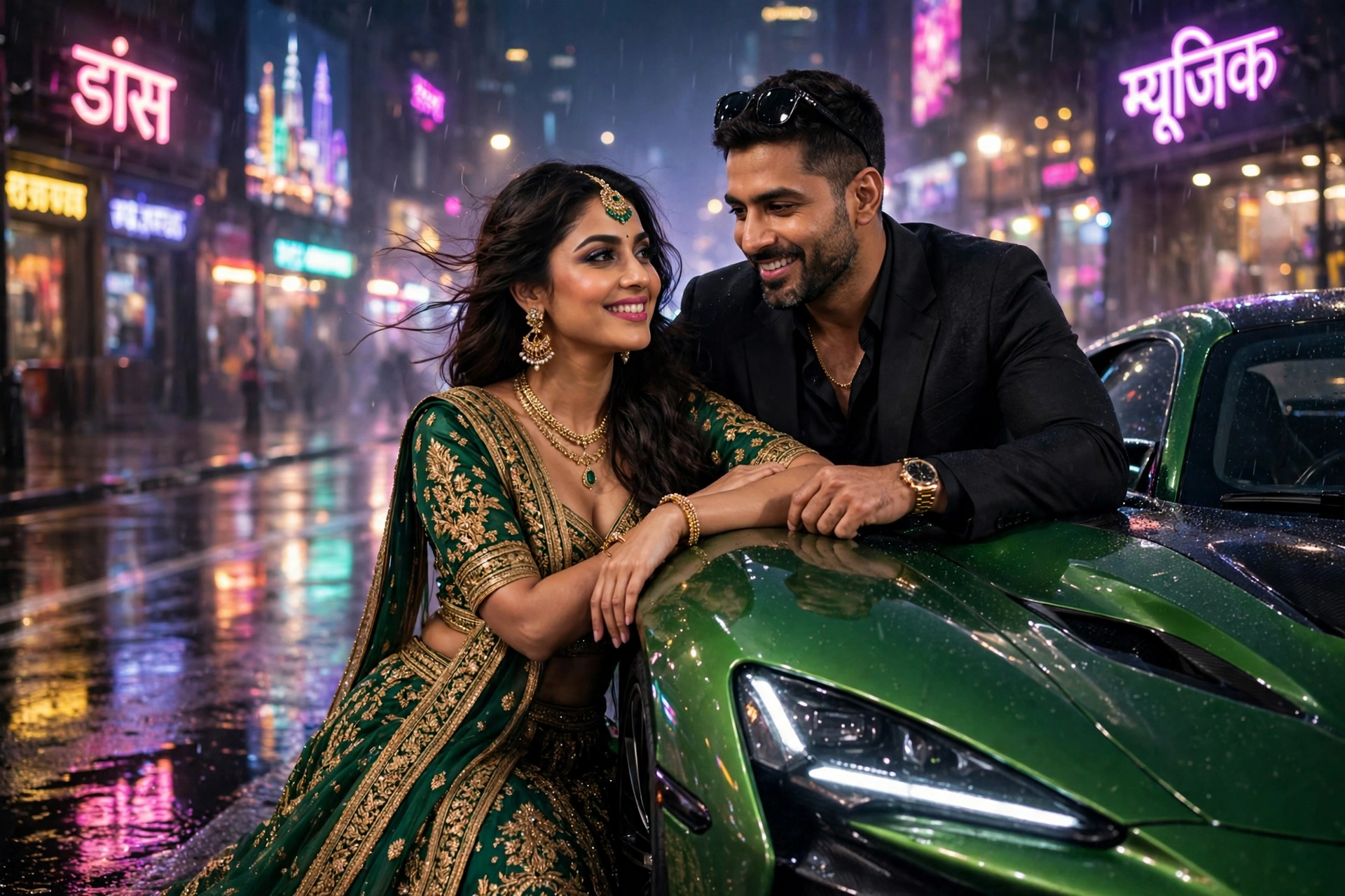 Create an ultra-realistic cinematic photograph of a glamorous young couple leaning on a bright green luxury sports car at night in a neon-lit city, th