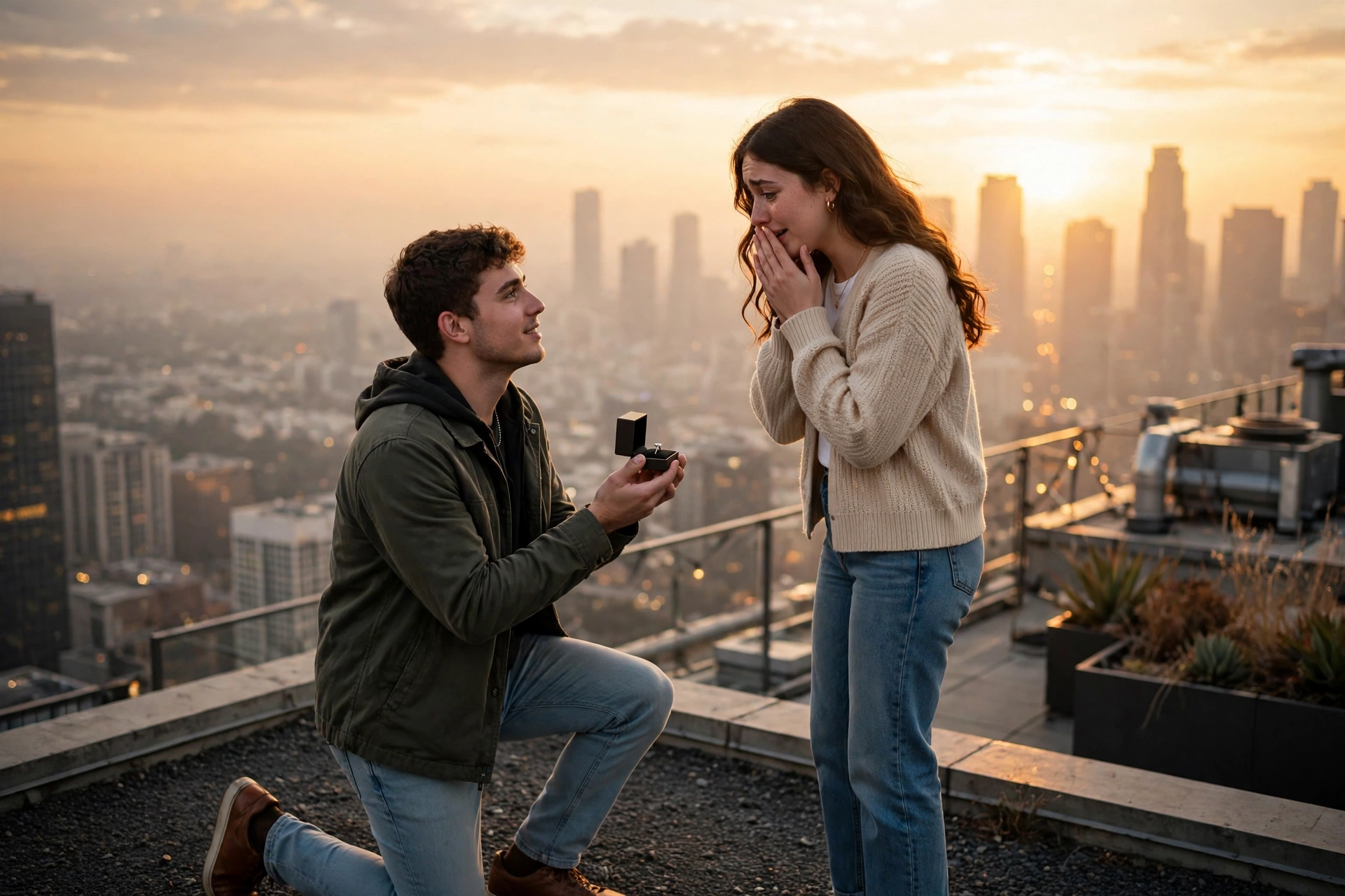 Create an ultra-realistic cinematic photograph of a young couple on top of a skyscraper at golden hour, the boy on one knee proposing with a ring box