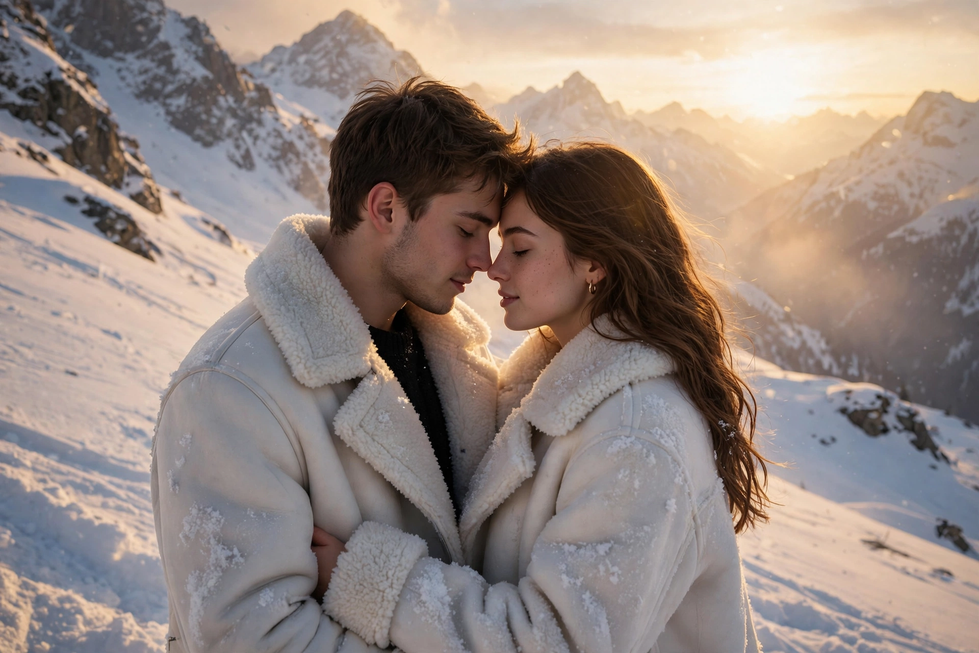 Create an ultra-realistic cinematic photograph of a young couple embracing on a golden-hour snowy mountain slope, wearing matching white shearling coa