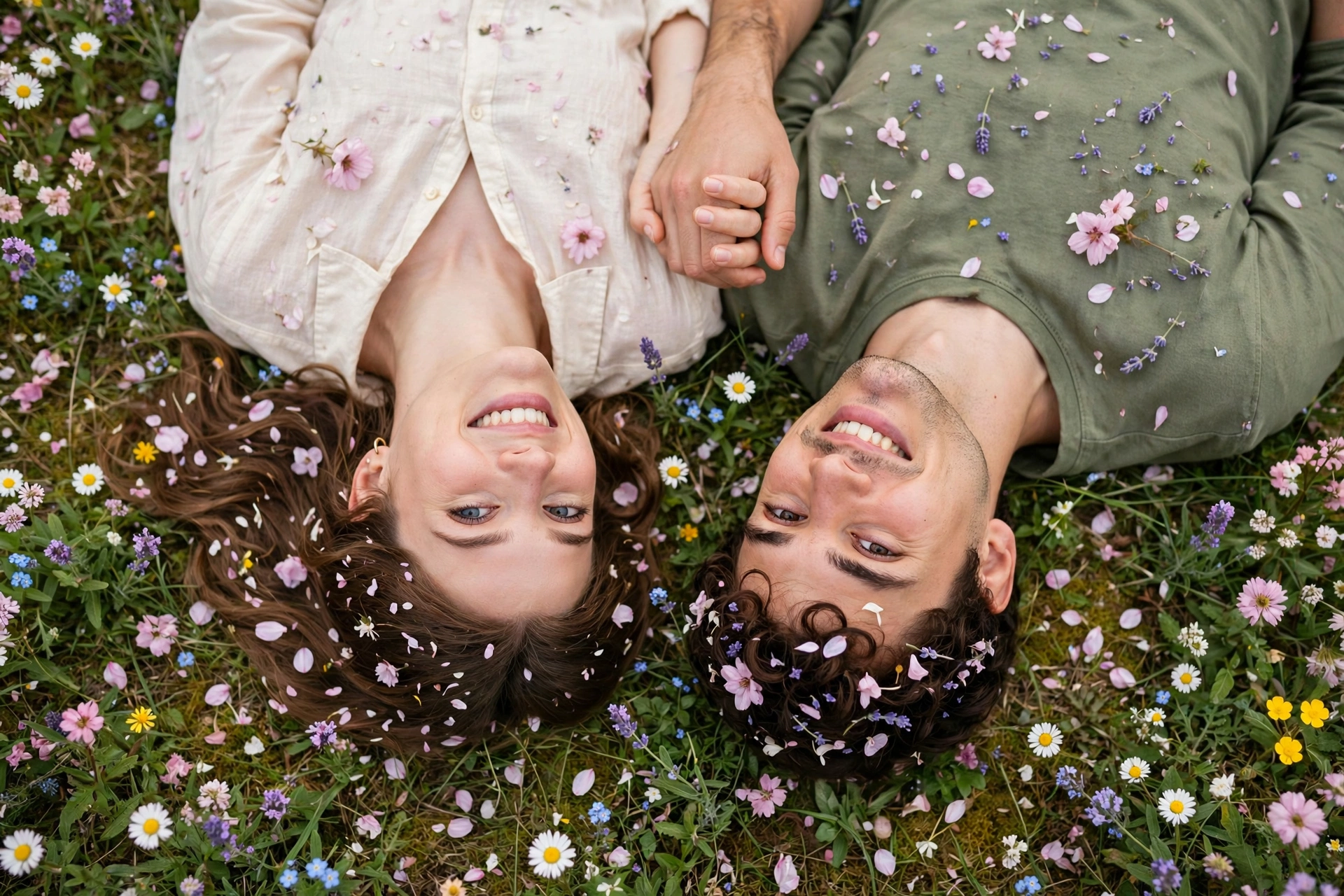 Create an ultra-realistic cinematic photograph of a young couple lying side by side in a field of colorful wildflowers, shot from directly overhead, h
