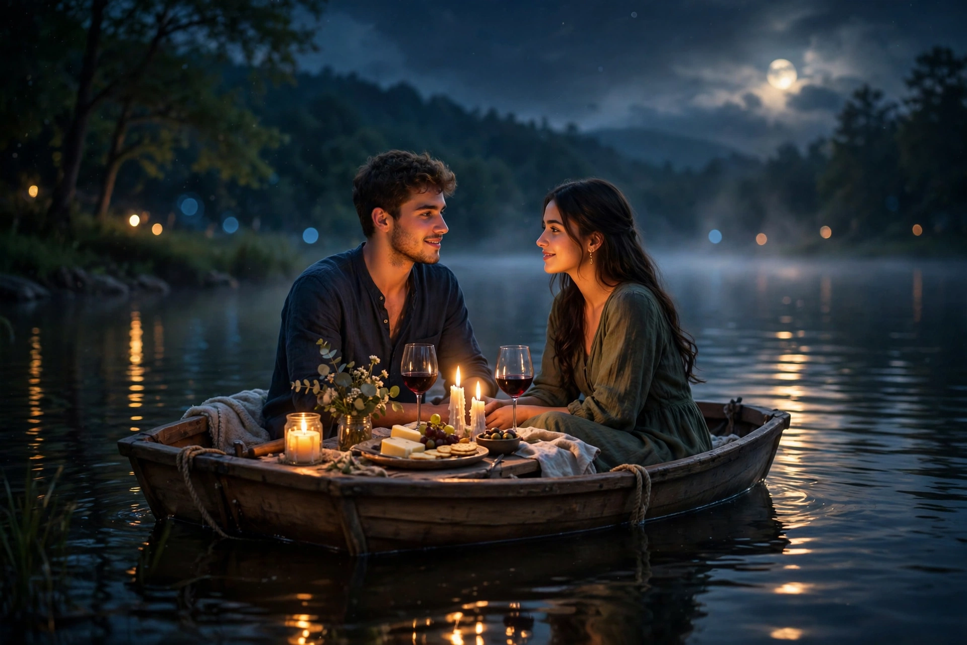 Create an ultra-realistic cinematic photograph of a young couple having a candlelight dinner on a small wooden boat floating on a calm lake at night