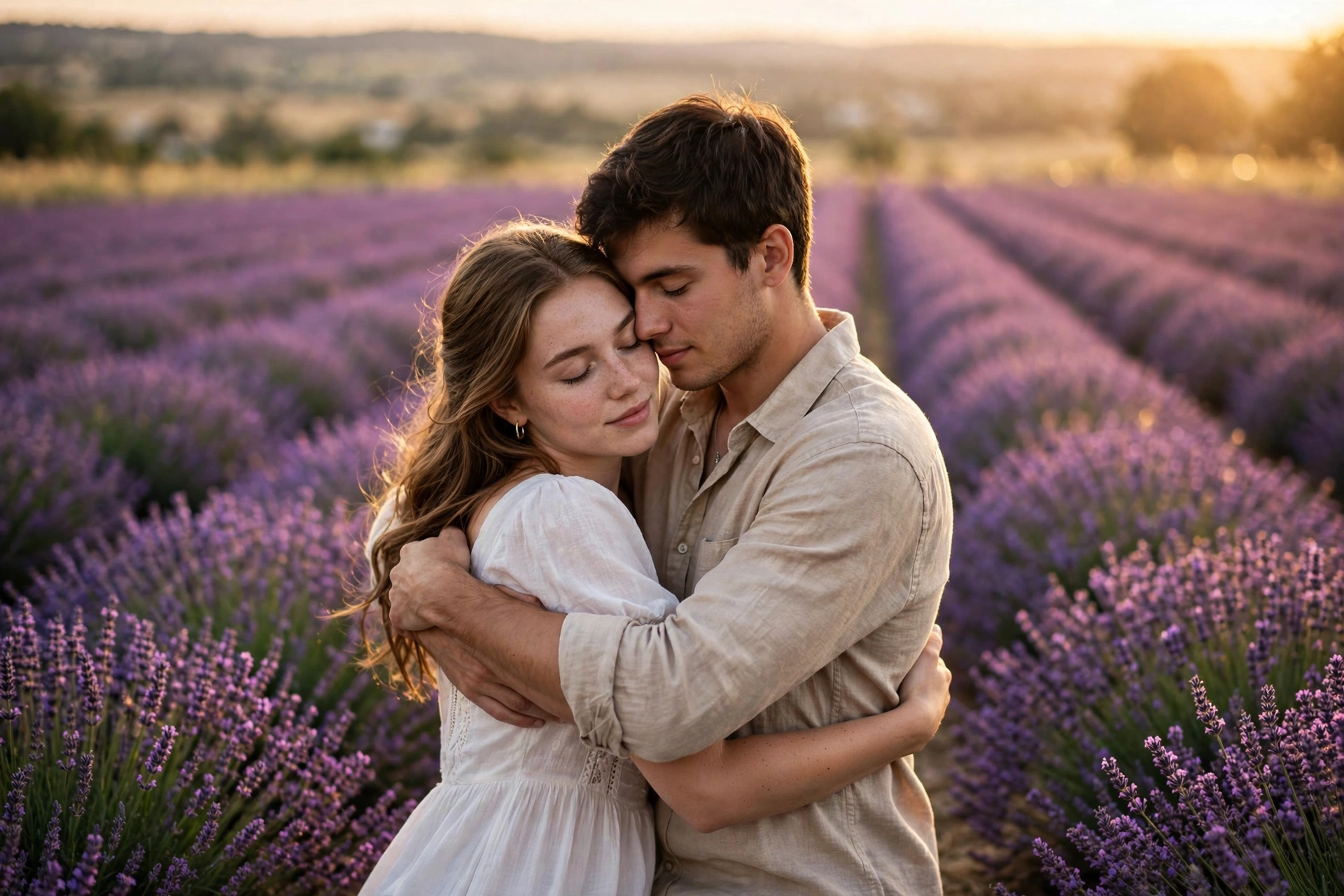 Create an ultra-realistic cinematic photograph of a young couple standing close together in the middle of a vast lavender field in full bloom, the man