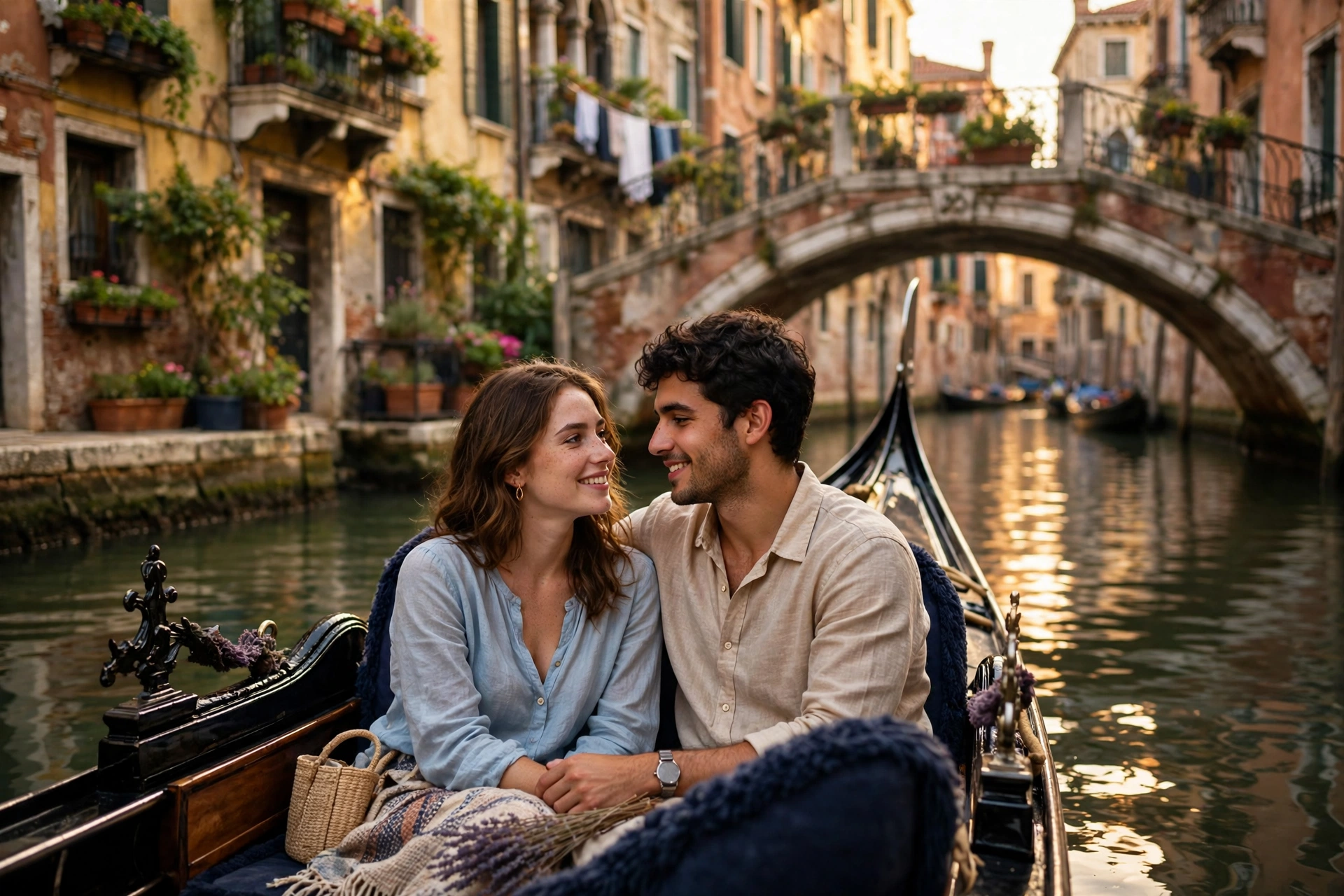 Create an ultra-realistic cinematic photograph of a young couple sitting close together in a black gondola gliding through a narrow Venice canal, the