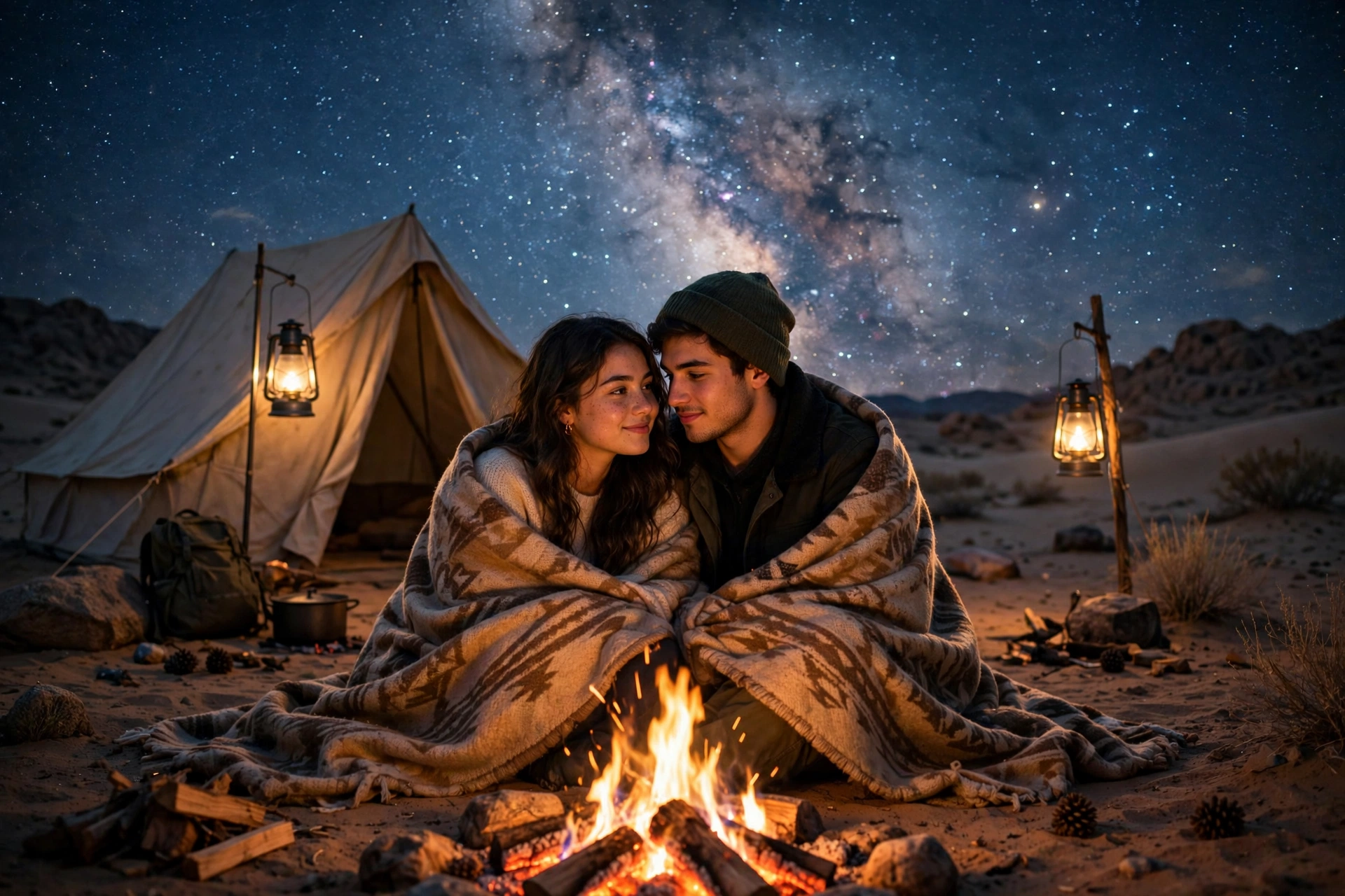 Create an ultra-realistic cinematic photograph of a young couple sitting by a small campfire outside a Bedouin-style tent in the desert at night, wrap