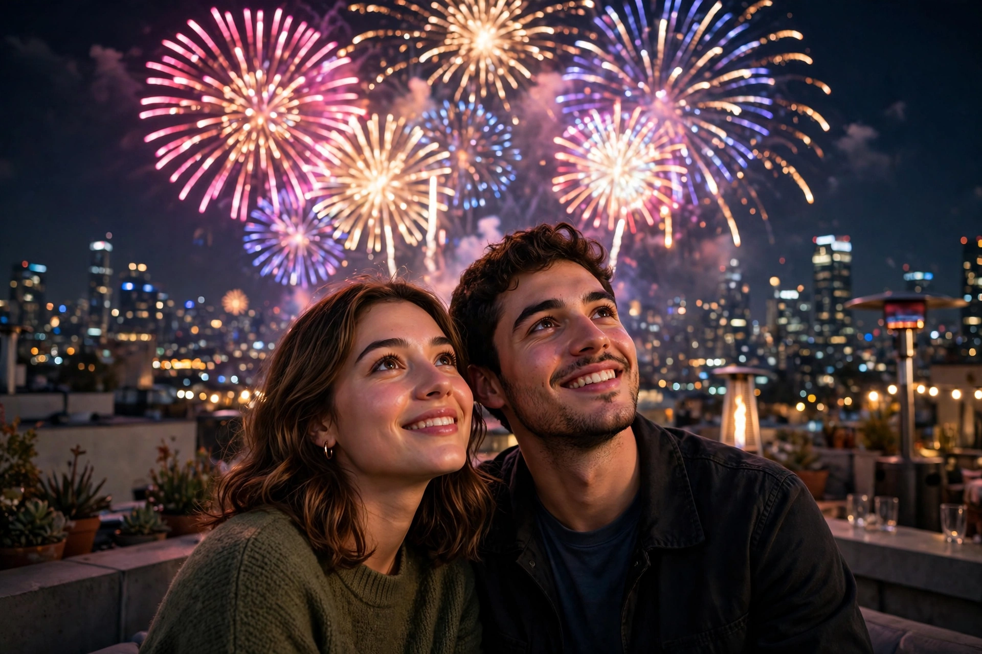 Create an ultra-realistic cinematic photograph of a young couple standing on a rooftop at night watching colorful fireworks burst across the sky, the