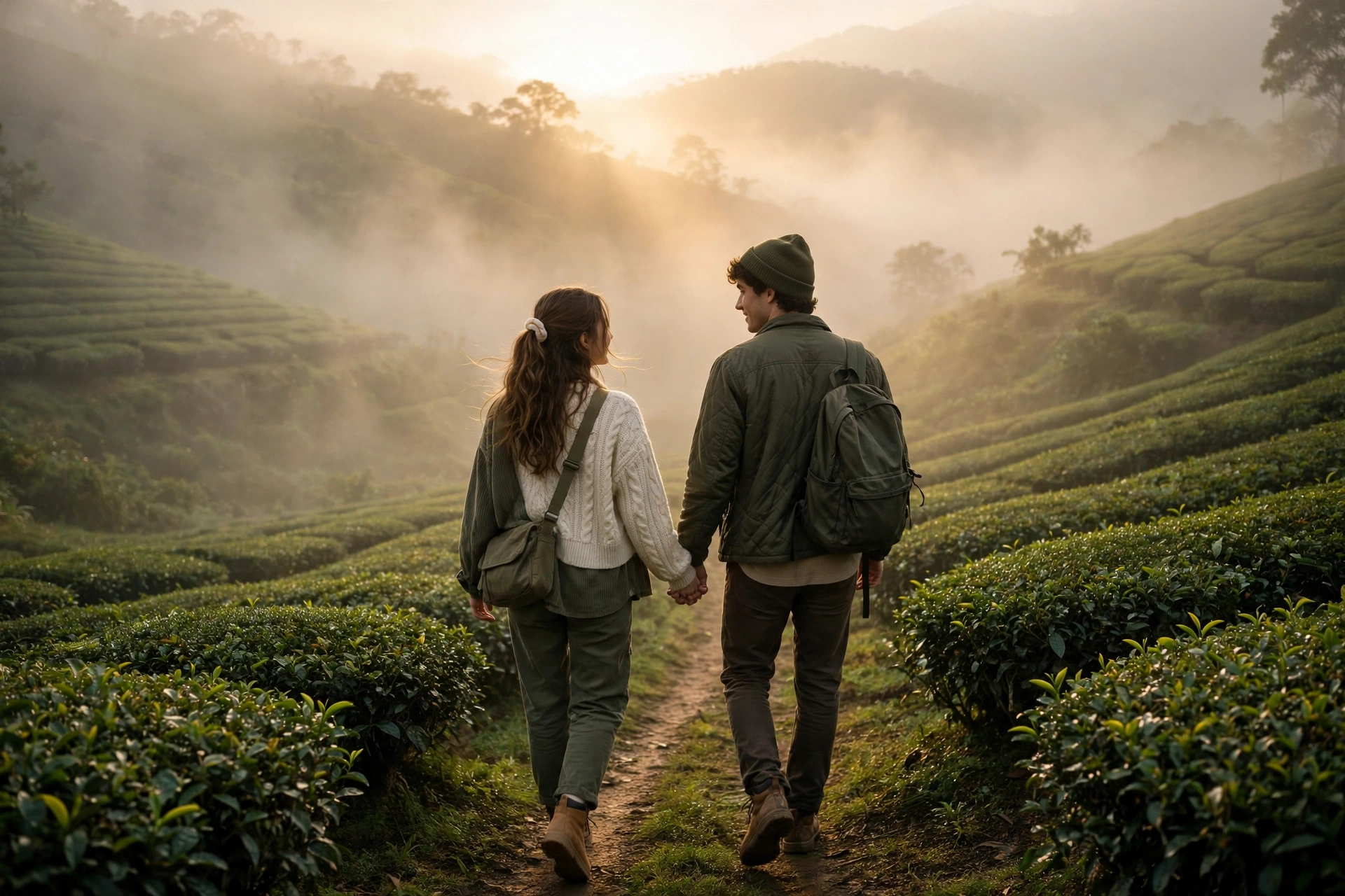 Create an ultra-realistic cinematic photograph of a young couple walking hand in hand through neat rows of a misty tea garden in the hills at sunrise